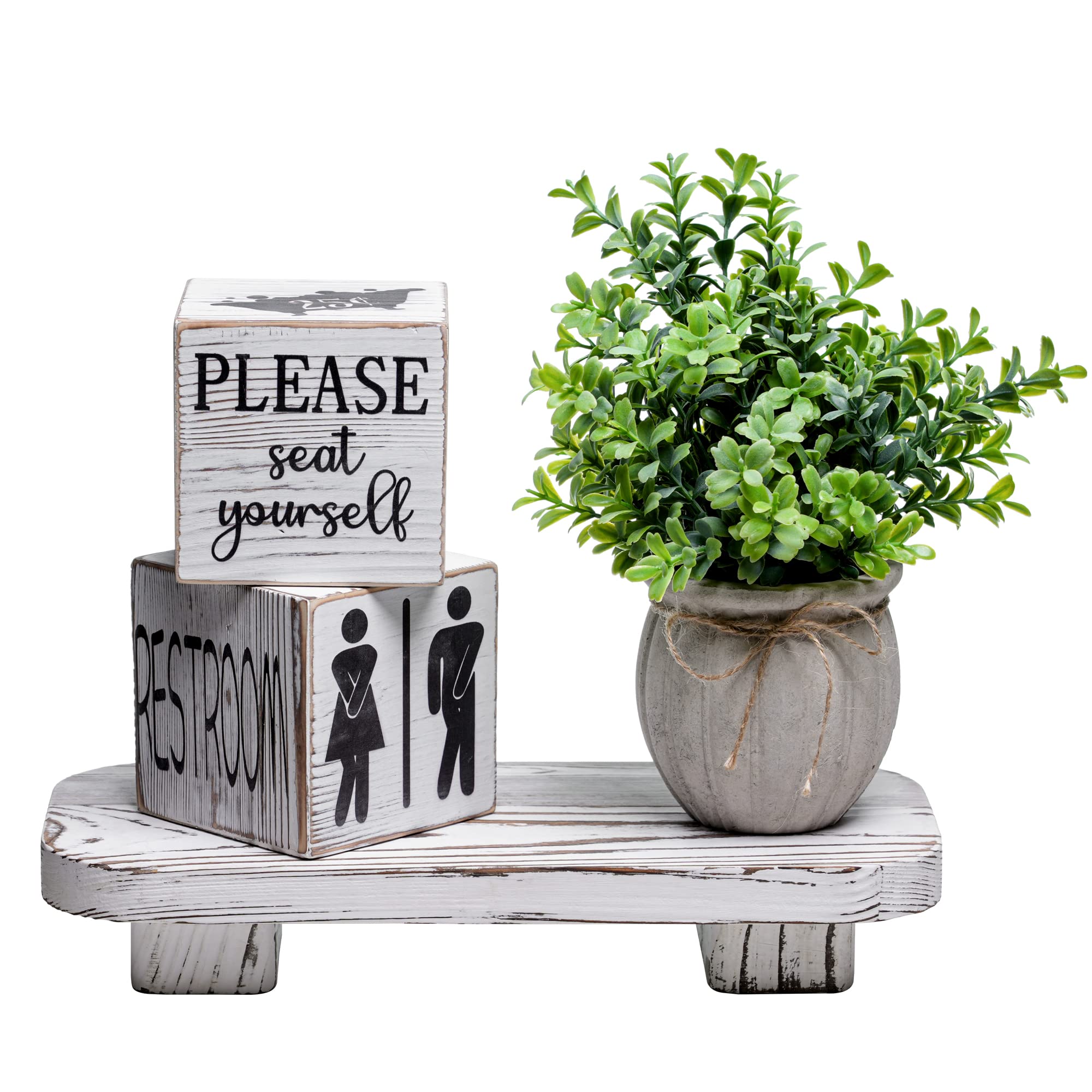 Farmhouse Funny Bathroom Decor Signs, Block Signs Rustic Decoration, Wooden Home Restroom Sign (Bathroom Block + Plant + Tray)