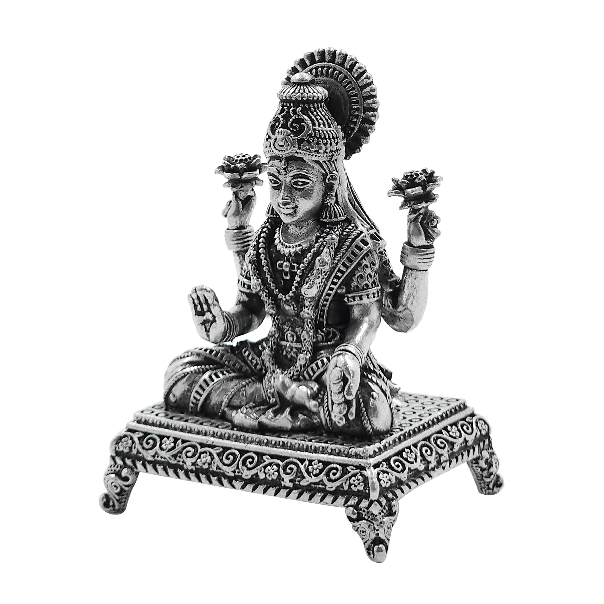 Maa Silver Pure Silver Goddess Lakshmi/Laxmiji Semi-Solid Idol/Murti With Paat & Antique Oxidized Finish Perfect For Pooja/Puja
