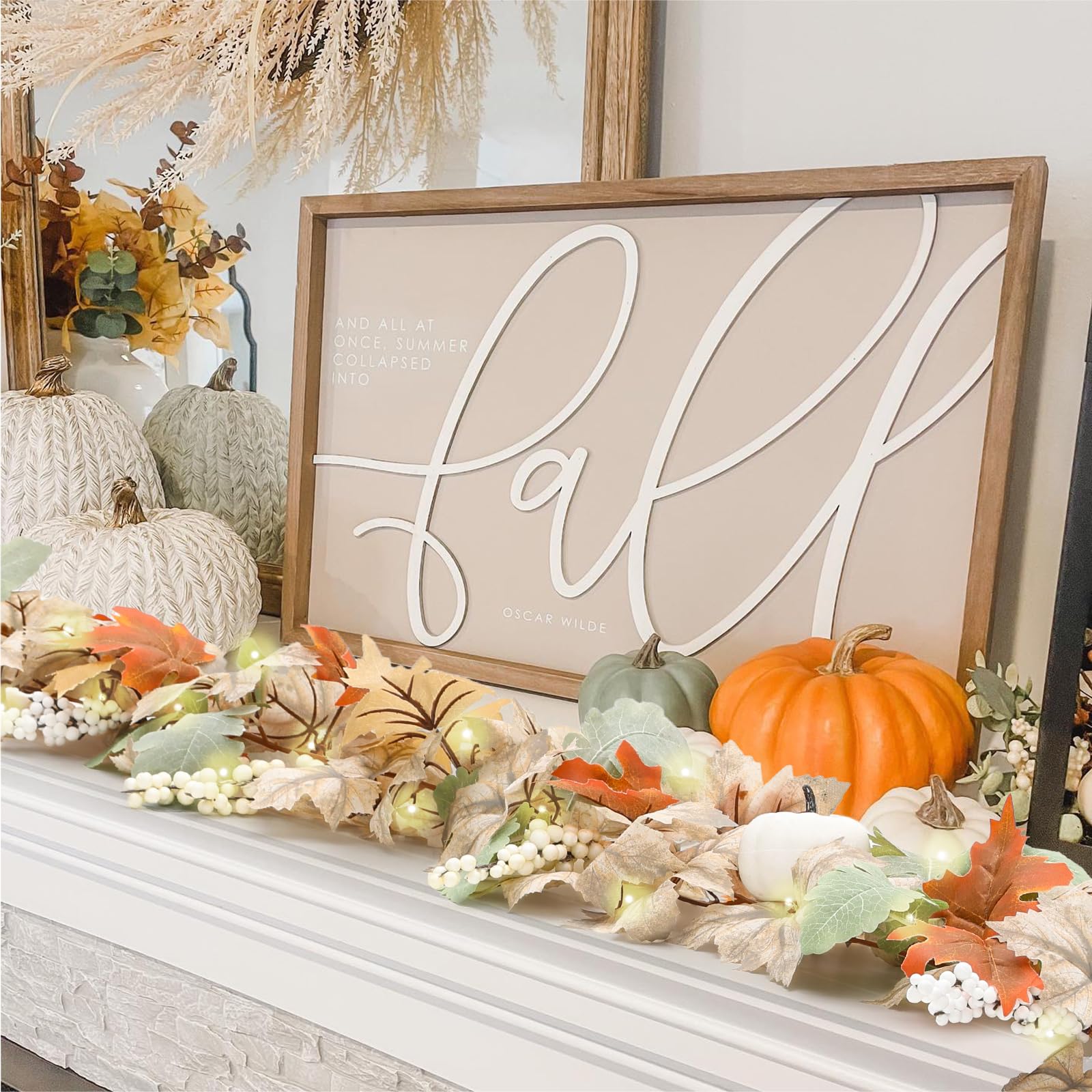 Neutral Fall Garland for Mantle Fireplace - 2 Pack 6Ft Outdoor Autumn Leaves Decor for Home Front Door with Pumpkins Indoor Mapl