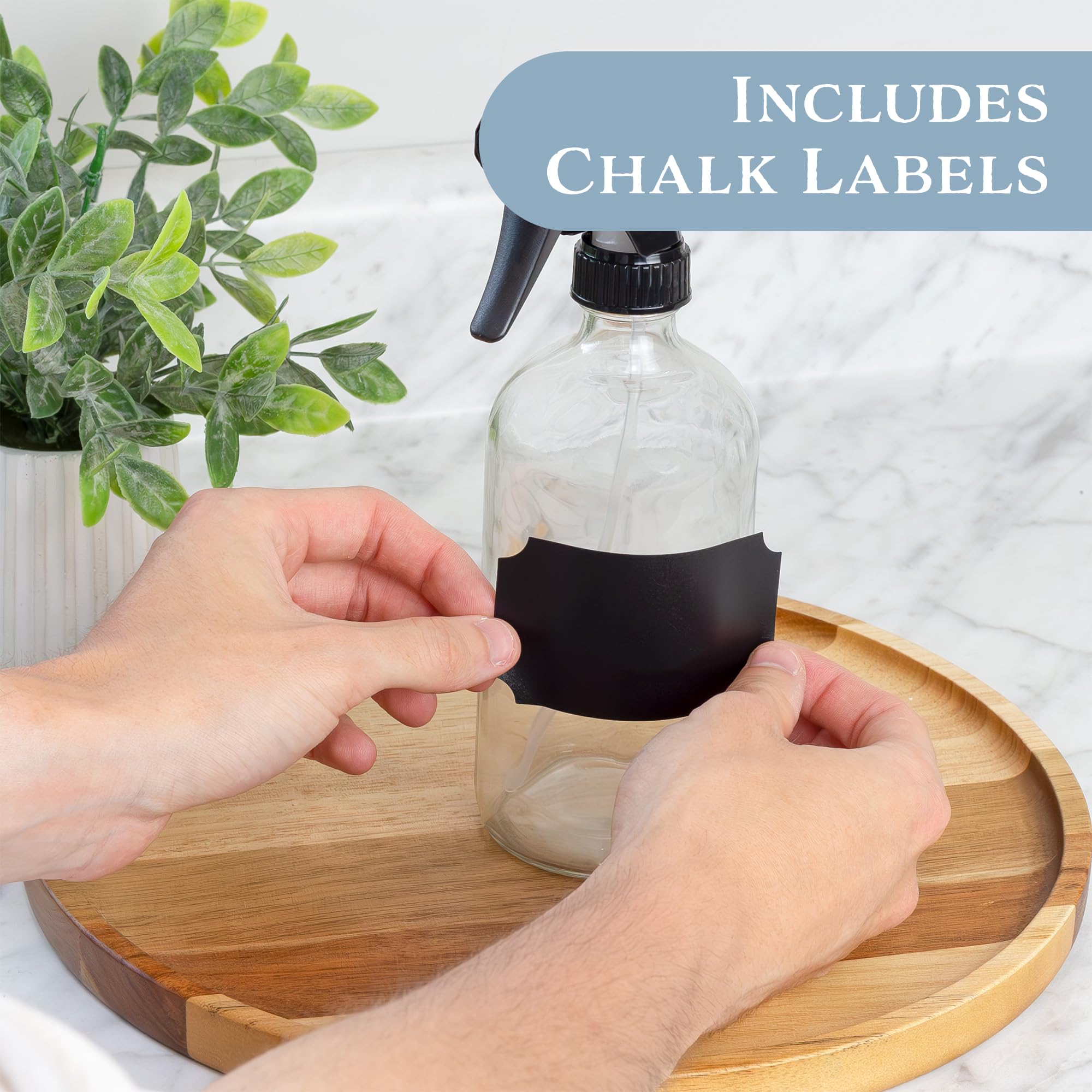 Cornucopia 16Oz Clear Glass Spray Bottles W/Chalk Labels (2 Pack); Boston Round Bottles With 3-Setting Adjustable Heavy Duty Spr