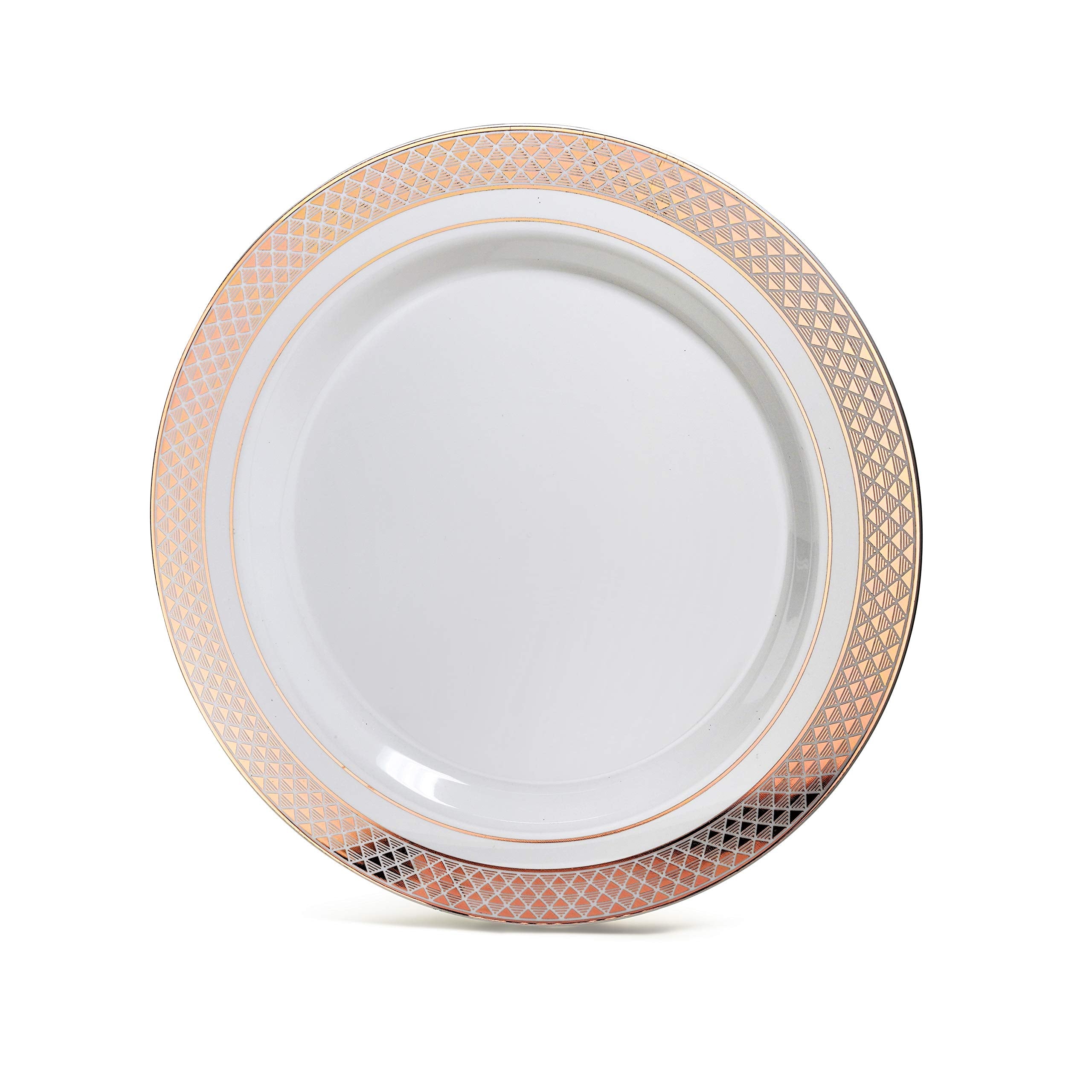 ' OCCASIONS '' 50 Plates Pack (25 Guests) - Heavyweight Wedding Party Disposable Plastic Plate Set - 25 x 10.5'' Dinner + 25 x 7.5'' Salad/dessert plates (Celebration White/Rose Gold)