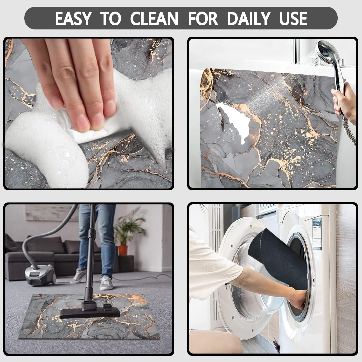 Grey Gold Marble Bathroom Mats Rugs Sets 3 Piece, Abstract Bath Mat Quick Dry Thin Rubber Back Diatomaceous Earth Rugs With U-Sh