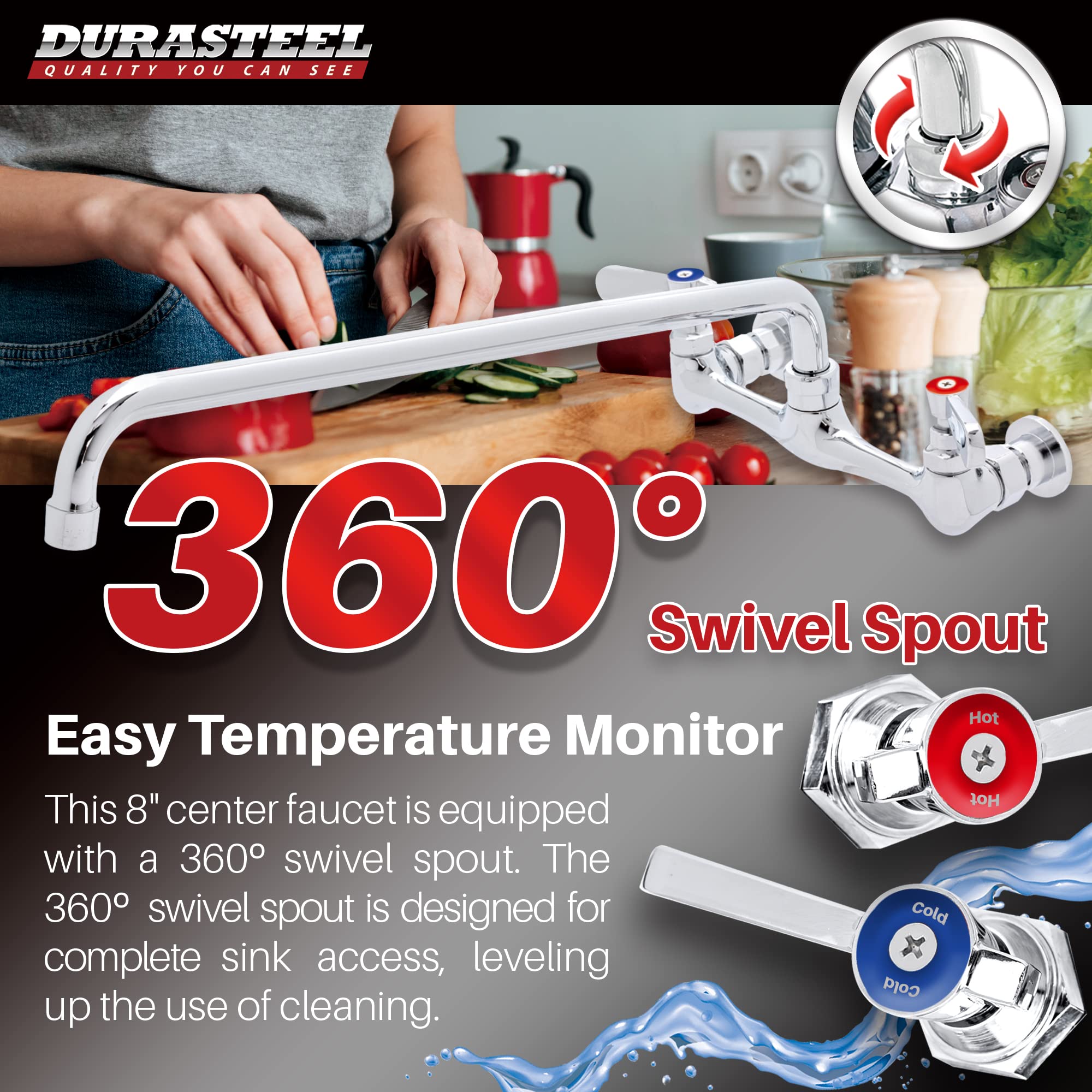 Kitchen Sink Faucet Wall Mount - Durasteel 8'' Center Commercial Kitchen Sink Faucet With 16'' Swivel Spout - Dual Lever Handles