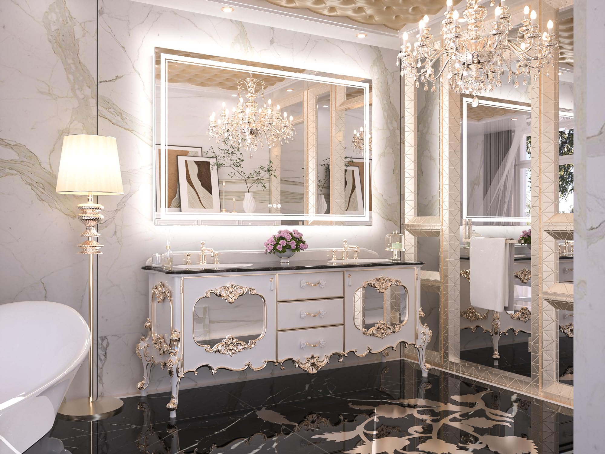 Keonjinn Led Bathroom Mirror 60'' X 40'' With Frontlit And Backlight, Large Stepless 3 Colors Temperature & Dimmable Vanity Mirr