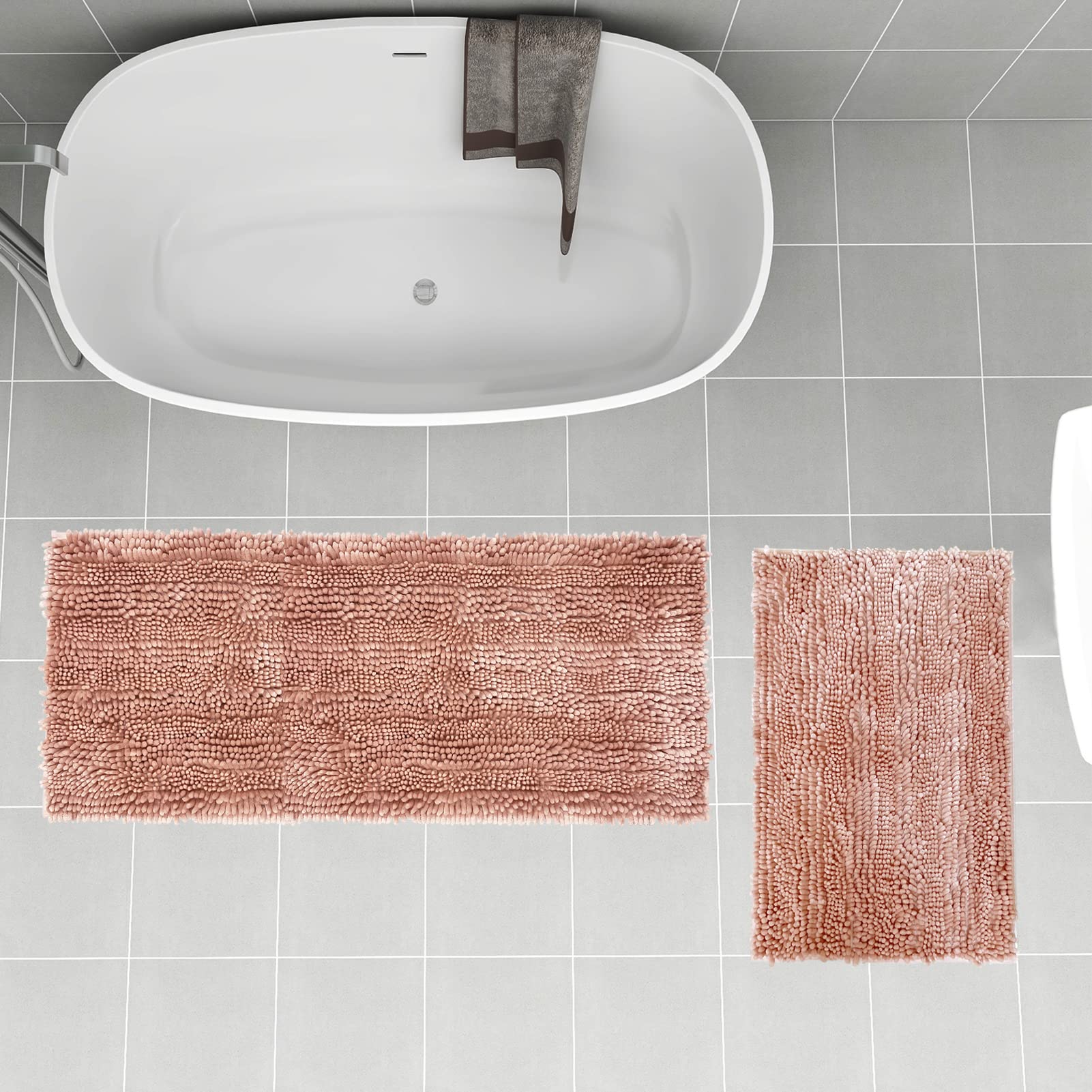 Civkor Bath Mats for Bathroom Pink Bathroom Rugs Runner Long Chenille Bathroom Rug Set 47x20 Plus 31x20 Non Slip Backing Extra Soft & Absorbent Thick Shaggy Floor Mats  Machine Washable