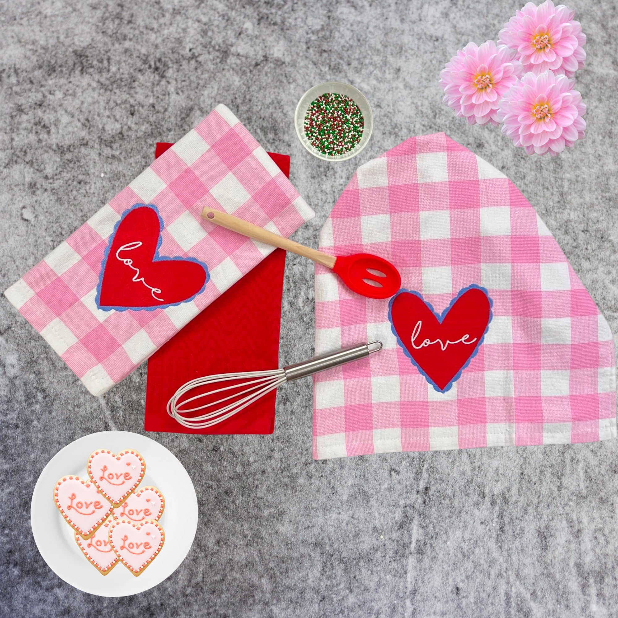 Serafina Home Valentine'S Day Love Hand Kitchen Dish Towels: Soft Absorbent Embroidered Gingham Pink Heart Love Design, 100% Cot