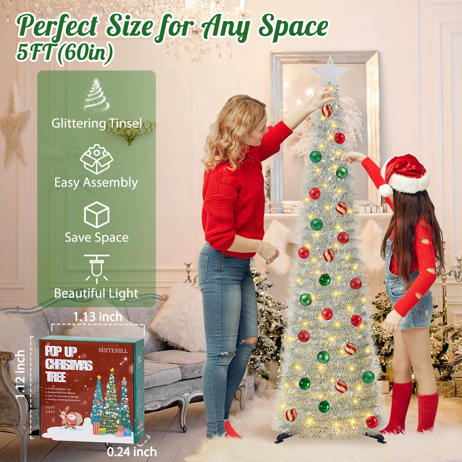 SINTENILL 5 FT Pop Up Christmas Tree with Timer Lights and Decorations, Silver Tinsel Artificial Christmas Tree with 24 Balls Or