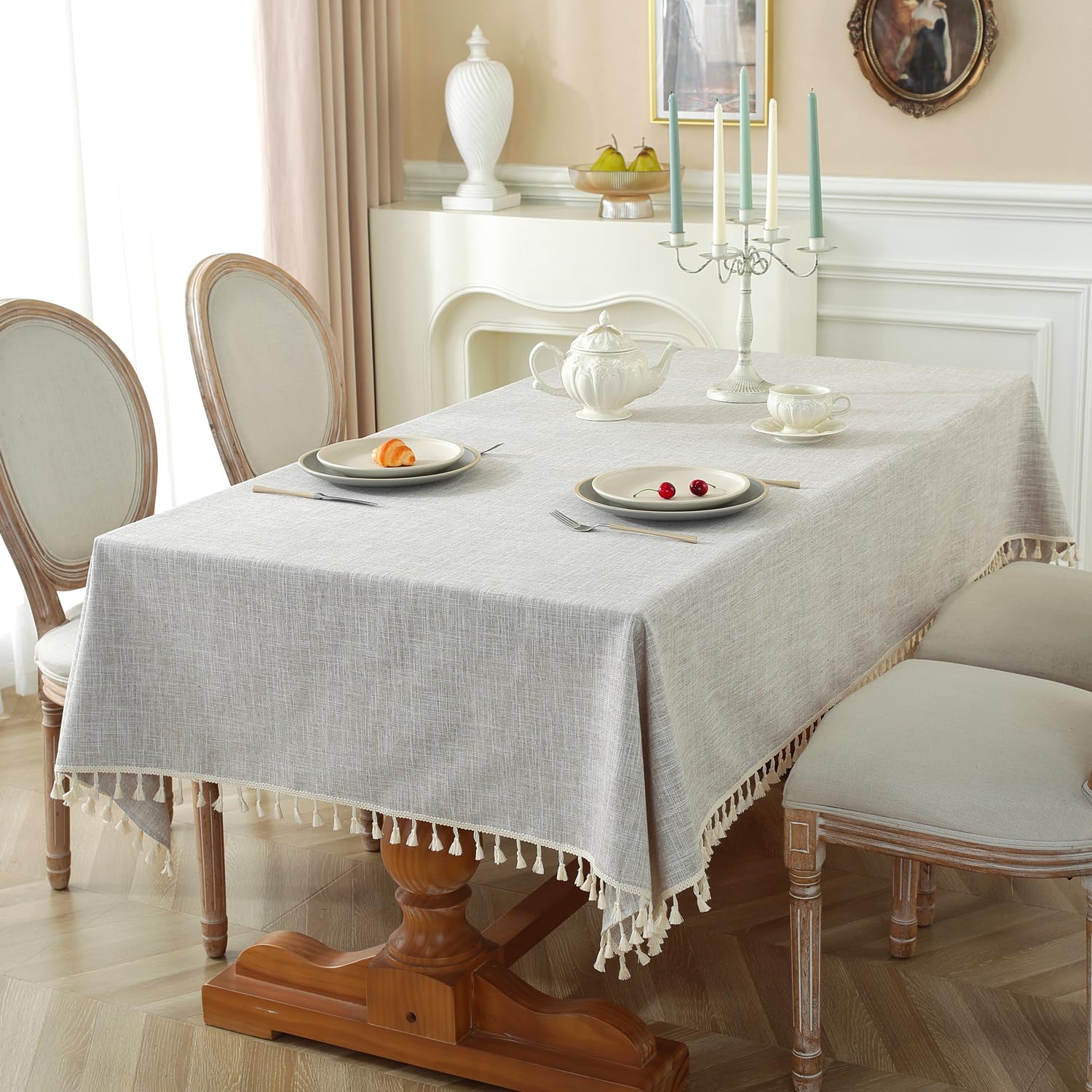 Textured Table Cloth For Rectangle Table, Heavy Duty Farmhouse Tablecloth Solid Cotton Linen Waterproof Wrinkle Free Burlap Tabl