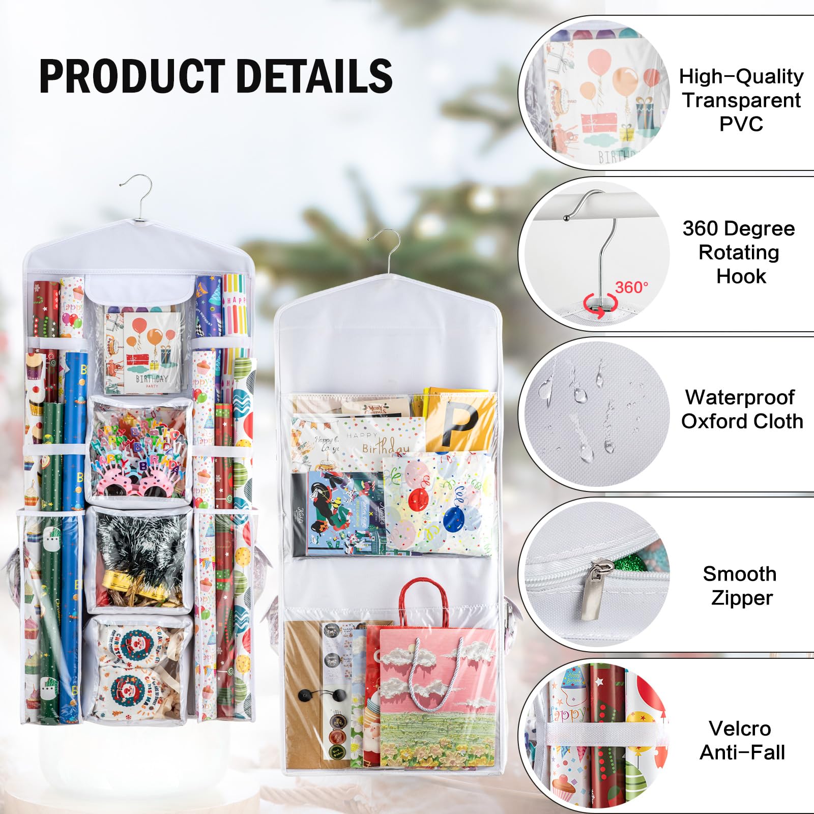 Wrapping Paper Organizer,Hanging Gift Wrap Storage Containers, Eolimex Double-Sided Christmas Wrapping Storage Over Door Organiz