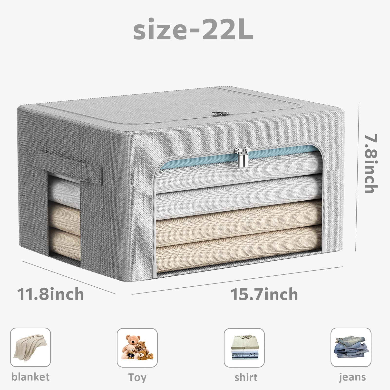 2 Pack Clothes Storage Bins - Stackable Metal Frame Storage Box Foldable Linen Fabric Organizer with Carrying Handles and Clear