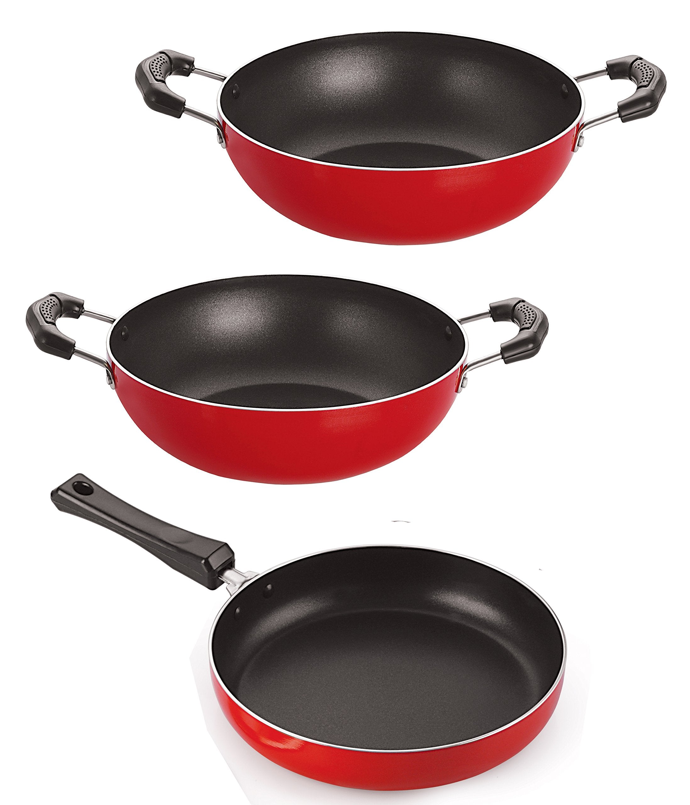 Nirlon NonStick Bpa Free Deep Frying Pan And Kadai Combo Cookware Essential Set With Steel Lid, 2.6Mm_Fp11_Kd11_Kd12