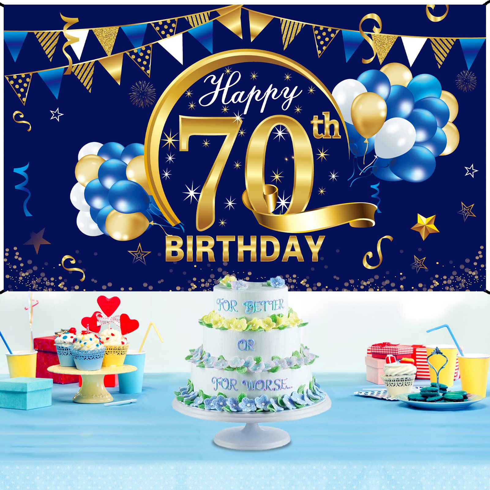 Happy 70Th Birthday Banner Decorations For Men, Blue Gold 70 Birthday Backdrop Party Supplies, 70 Year Old Birthday Photo Backgr