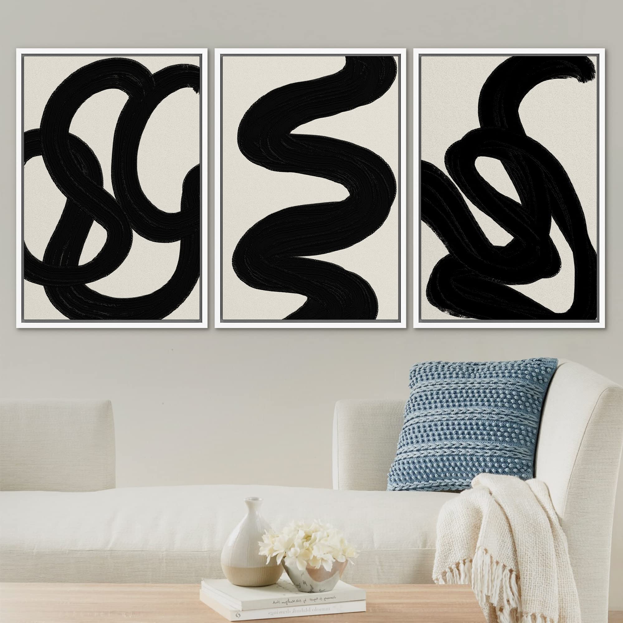 Signleader Framed Canvas Print Wall Art Set Duotone Minimal Dark Brush Stroke Landscape Abstract Shapes Illustrations Boho Decor