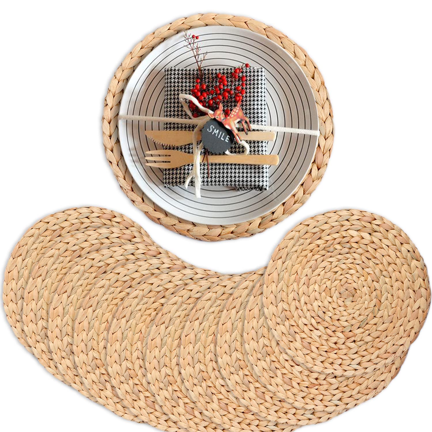 Boho Placemats For Dining Table Set Of 10, Water Hyacinth Placemats For Round Table, Round Placemats For Round Tables, Woven Pla