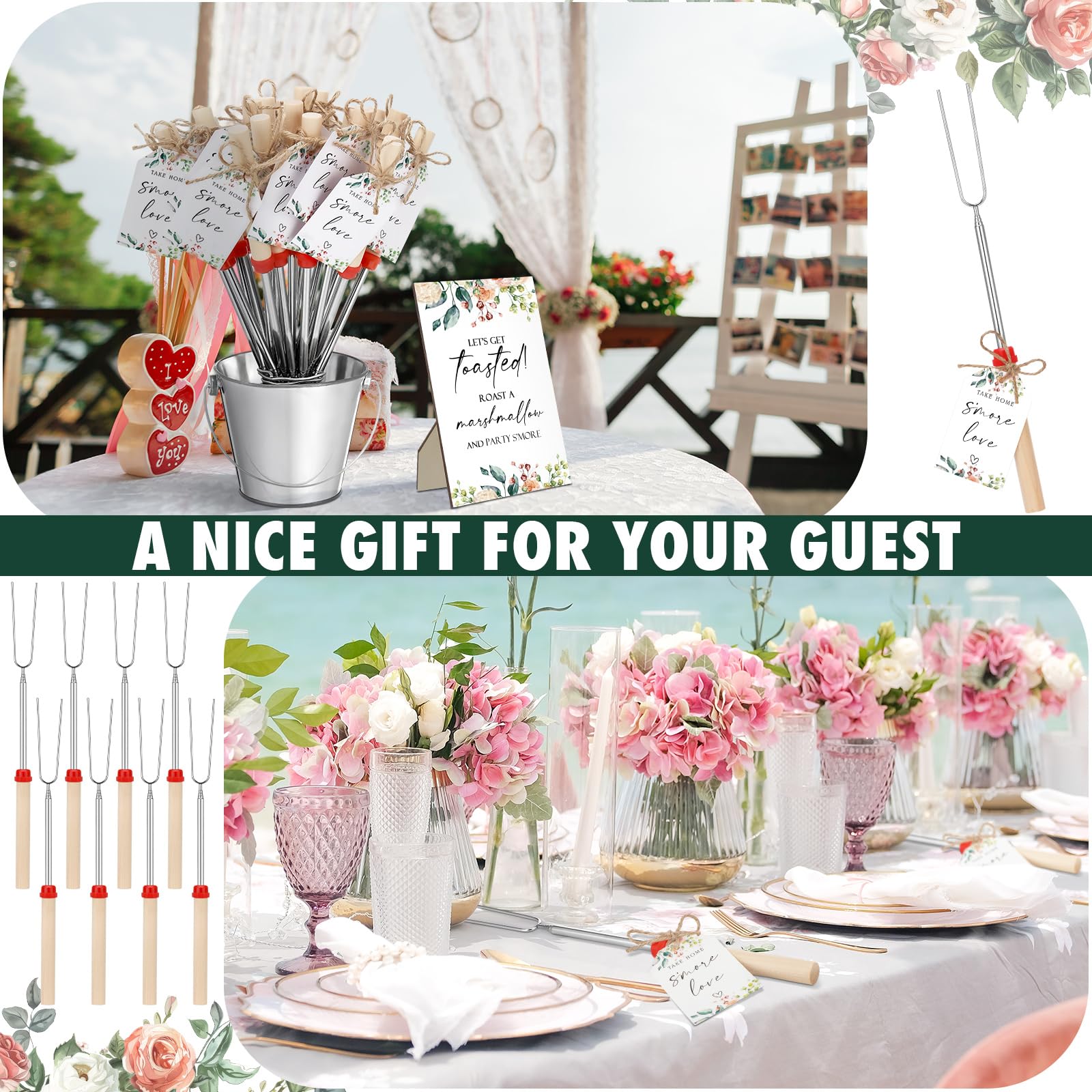 Tioncy 24 Sets S mores Party Favors for Guests Pink Floral Wedding Favors Include S mores Sticks Fire Pit Barbecue Skewers Table