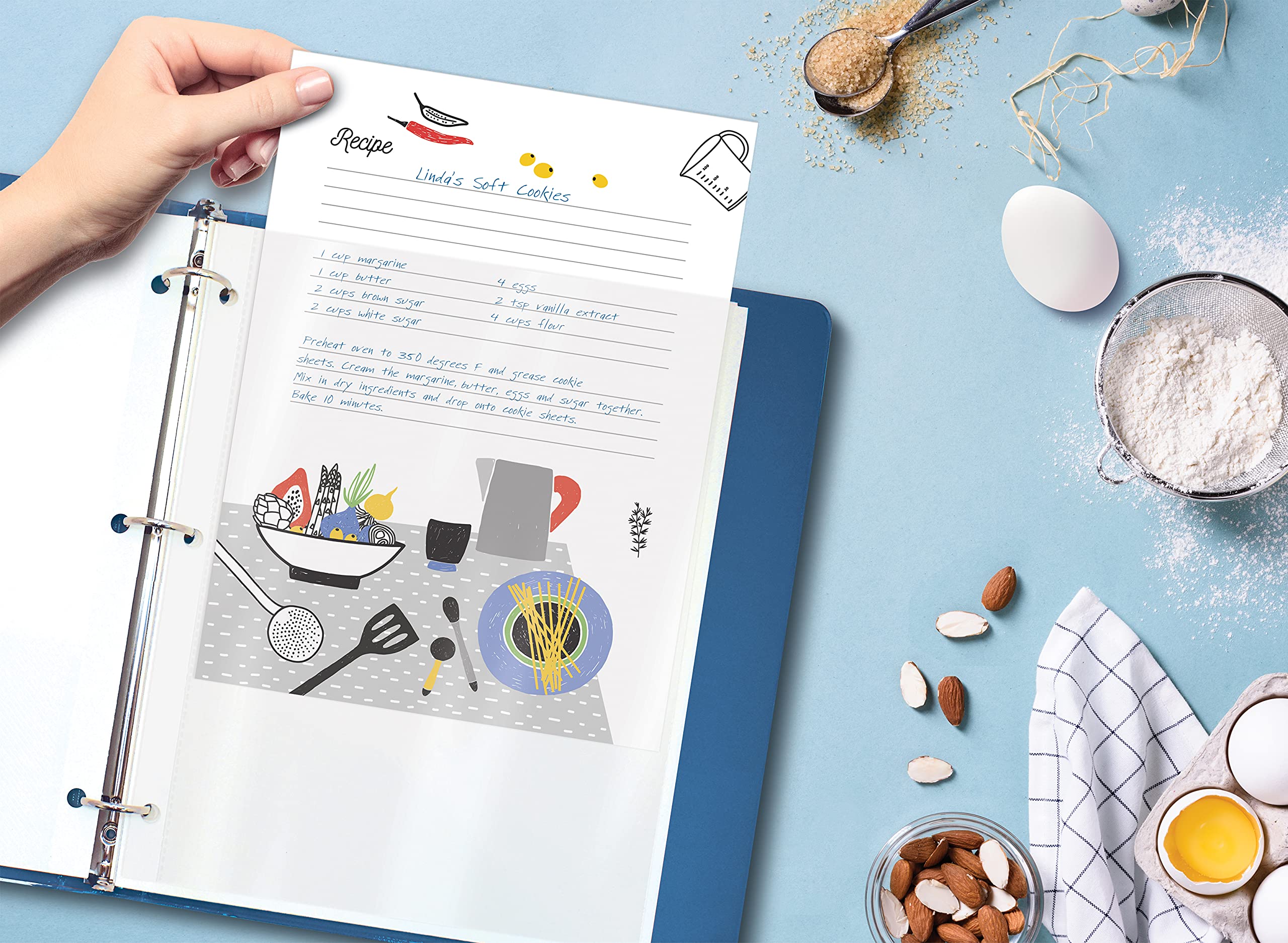 Recipe Sheet Protectors Full Page  8.5 x 11 inch  30 Pack  Heavyweight  Top Load  by Better Kitchen Products  Page Protector Binder Sheets  3-Hole Punched  for Recipe Binders  30 Pack