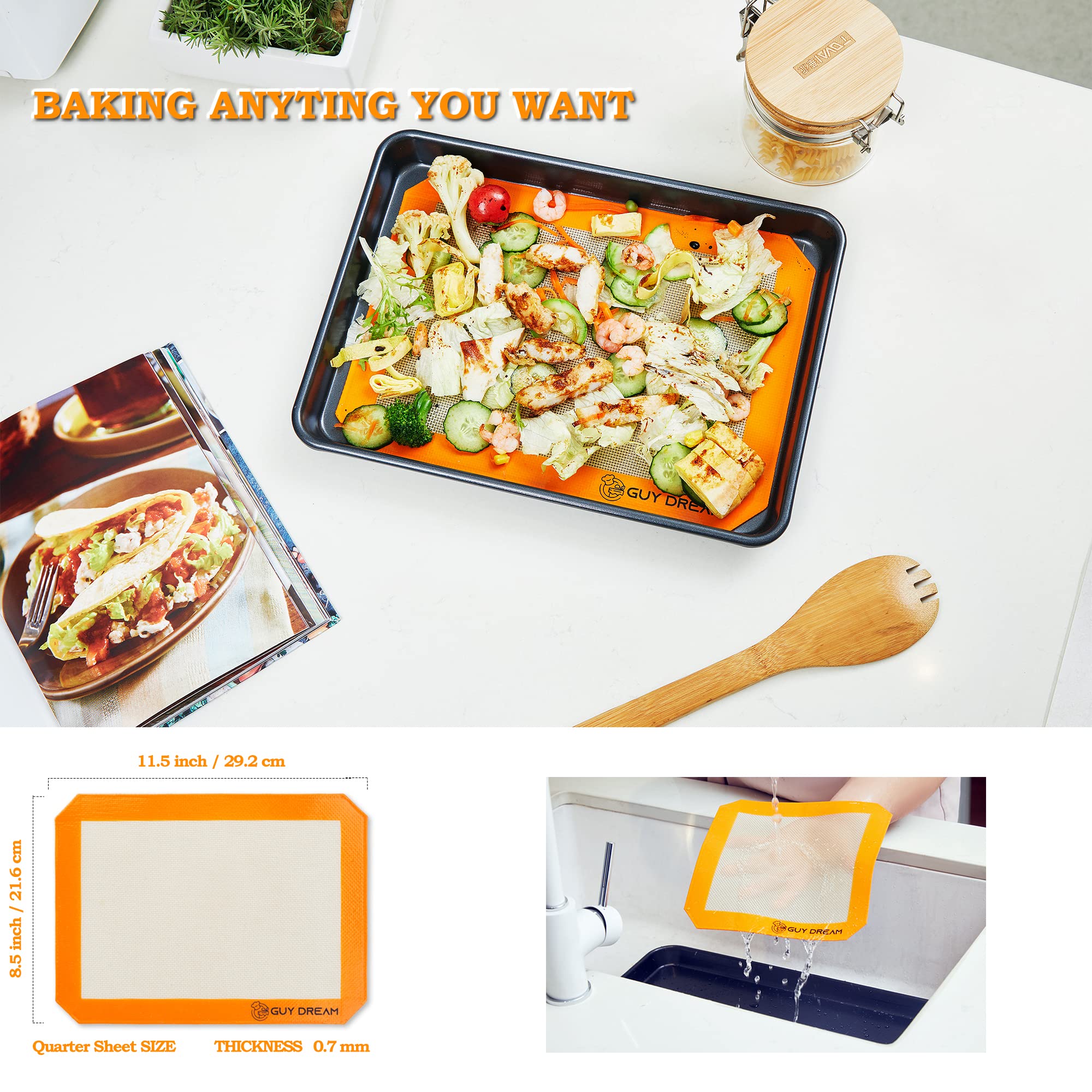 GUY DREAM All-in-One Silicone Baking Mat Set - Kneading Mat, Cookie & Macaron Half Sheet Mat, 1/4 Sheet Mat, Square & Round Cake