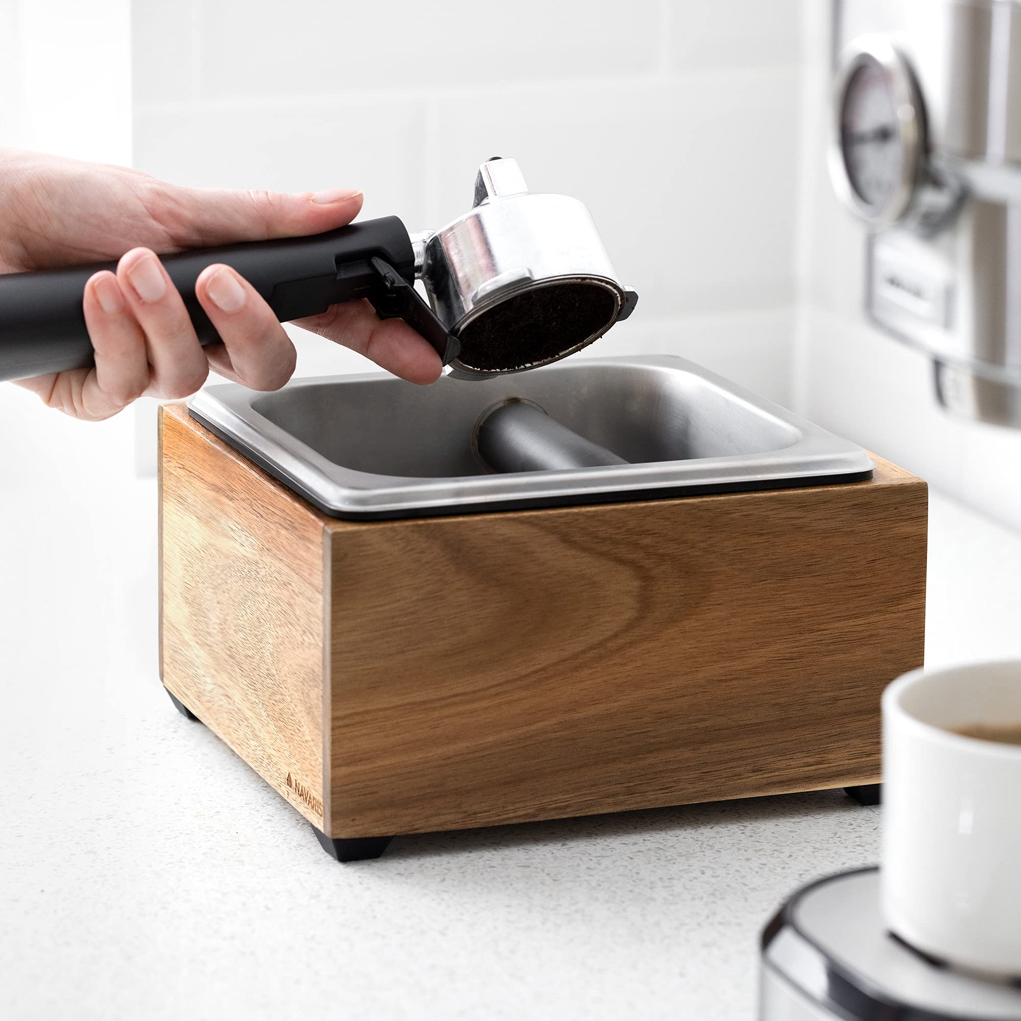 Navaris Coffee Knock Box - Stainless Steel And Wood Bin For Espresso Machine Coffee Grounds - With Silicone Bar For Knocking Por