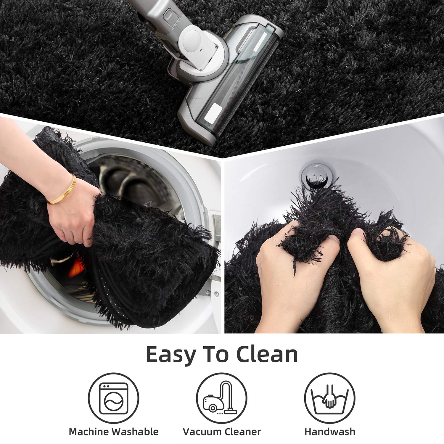 3 Piece Thicken 0.4'' Bath Rugs Set  Bath Rug + Contour Mat + Toilet Seat Cover  Super Long Soft Microfiber Water Absorbent & Non-Slip Bathroom Rugs with PVC Point Rubber Backing (Black)