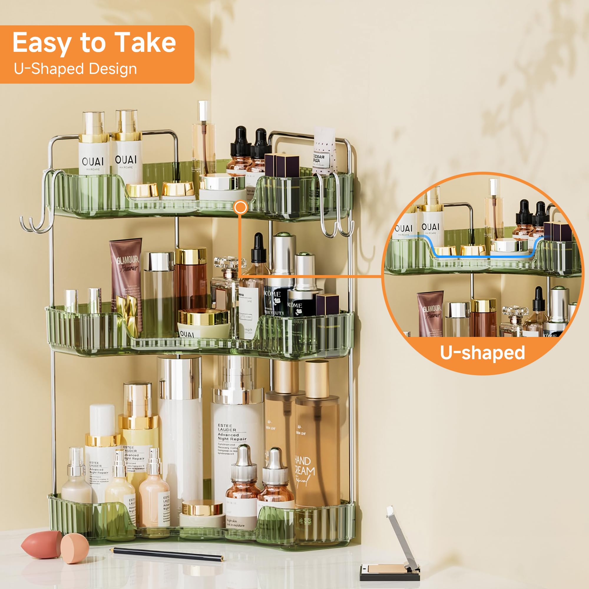 Kinkota 3 Tier Corner Bathroom Organizer Countertop, Plastic Bathroom Counter Organizer, Vanity Tray Sink Shelf With Hooks, For