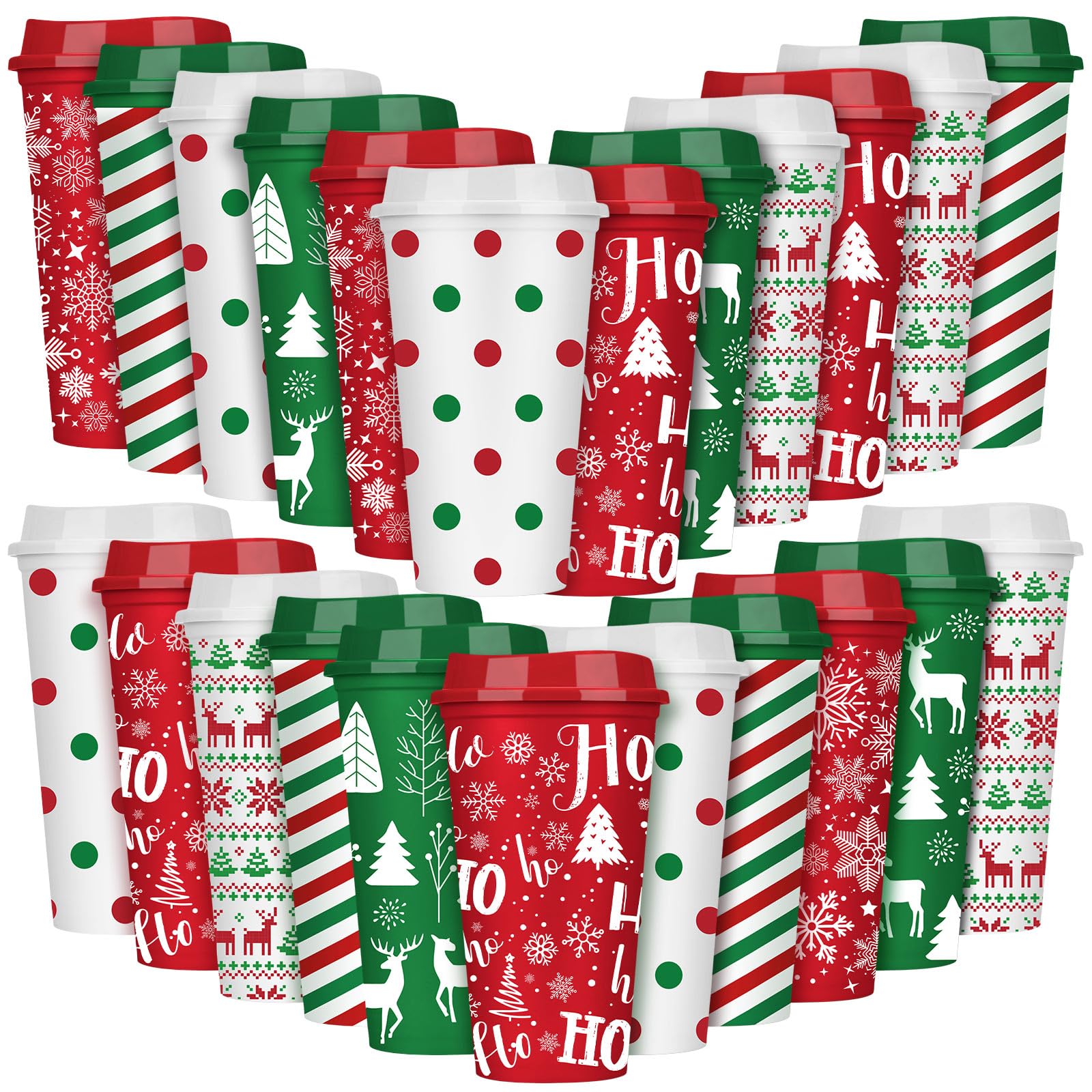 Pickmesh 24 Pcs Christmas Coffee Cups Gifts Bulk 16 oz Reusable Christmas Tree Snowflake Elk Pattern Tumblers with Lid Plastic T