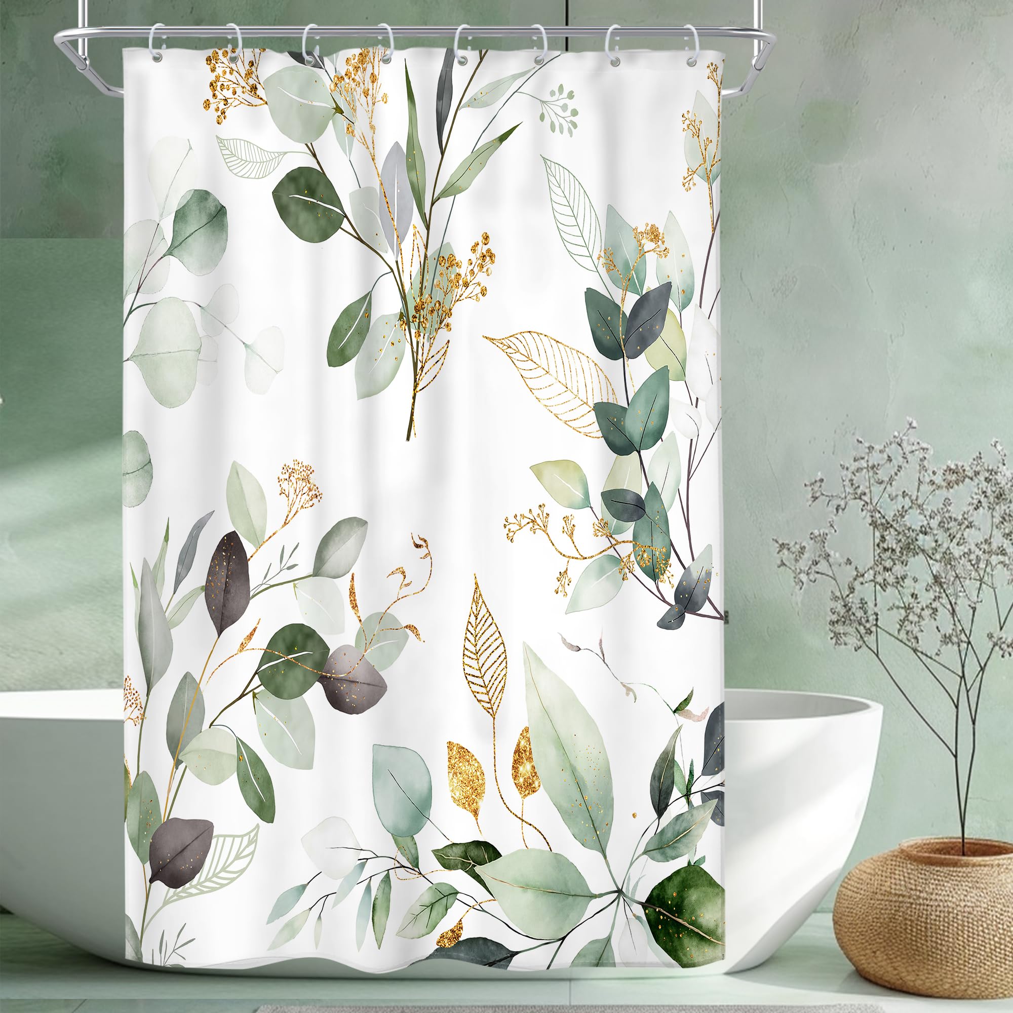 Riyidecor Sage Green Shower Curtain Narrow Eucalyptus Leaf Light Green Gold Rustic Farmhouse Botanical Plant Earthy 48Wx72H Inch