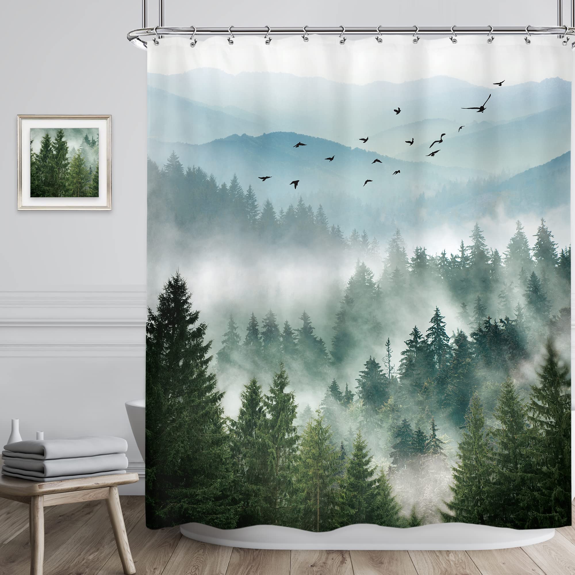 Riyidecor Green Shower Curtain 60Wx72H Inch Nature Mountain Scenery Pine Tree Greenery Foggy Landscape Natural Woodland Mens Bat