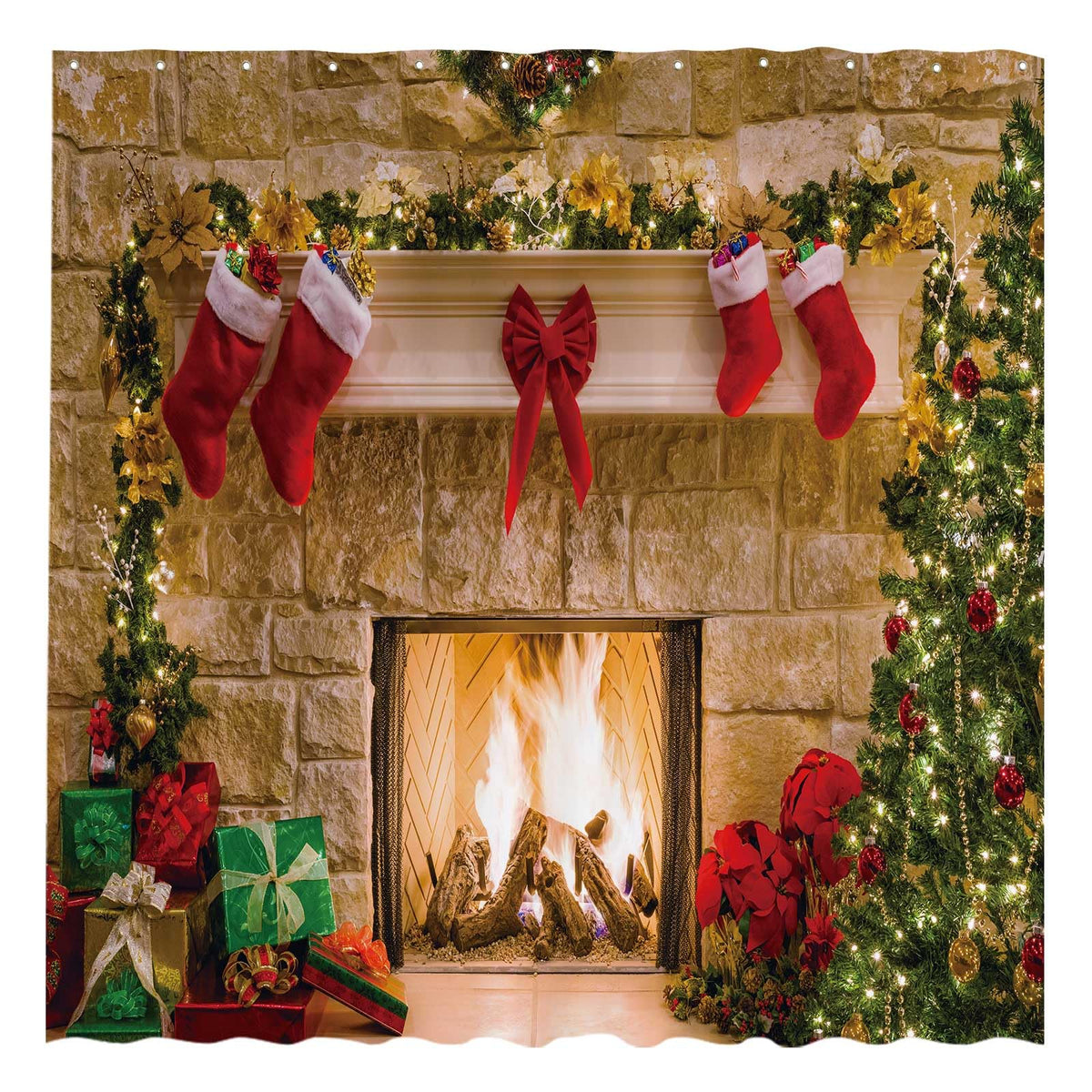 Funnytree 72''X72'' Christmas Fireplace Winter Interior Xmas Tree Stockings Home Shower Curtain For Bathroom Decor Machine Washa