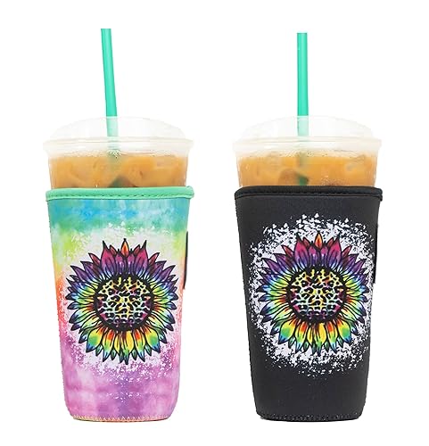 Baxendale and Co Reusable Neoprene Insulator Sleeves for Large Sized Iced Coffee and Cold Drink Cups (2 PK Large 32oz  Sunflower Tie Dye & Black)