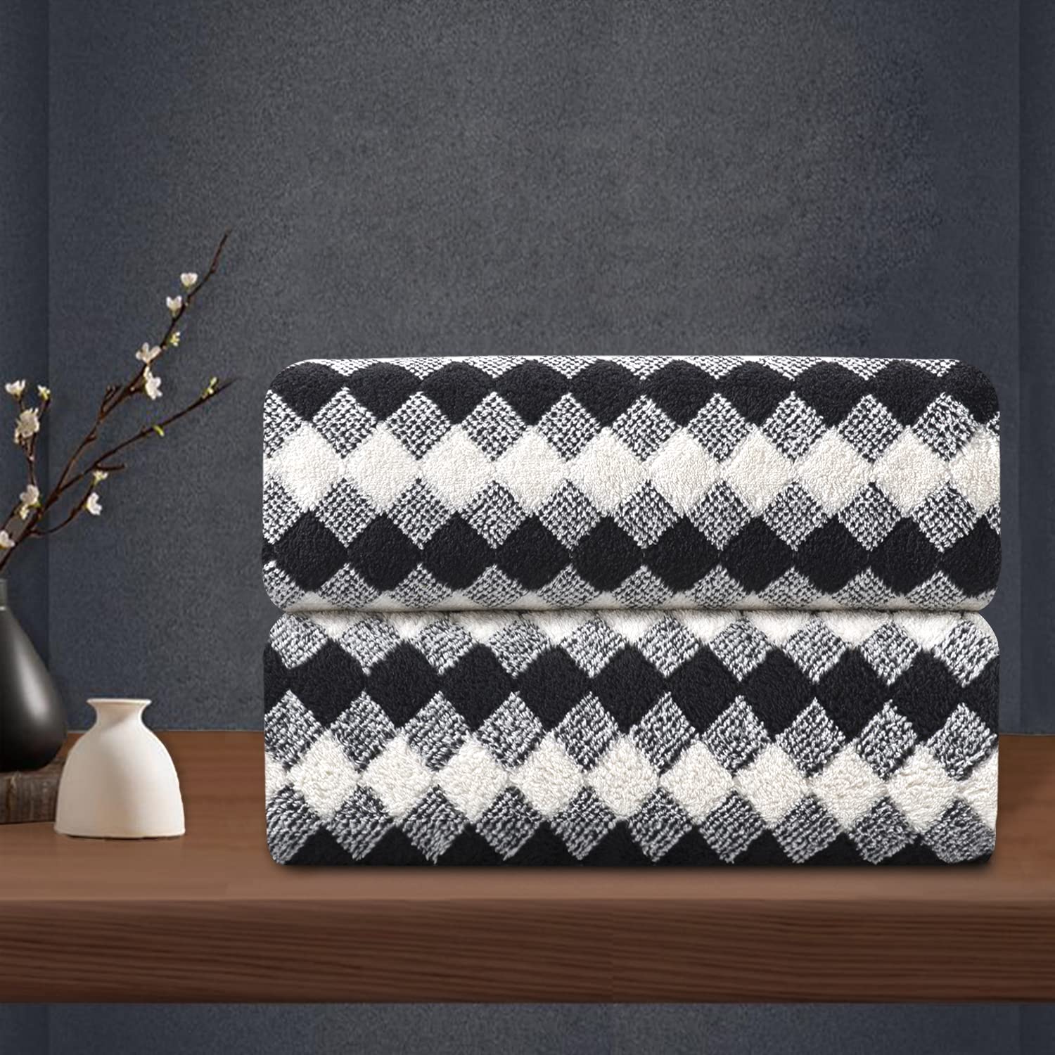 2 Hand Towel Set 16''X31'' Black White Towel Set For Bathroom,Highly Absorbent & Quick Dry Hand Towel For Daily Use,Soft Microfi