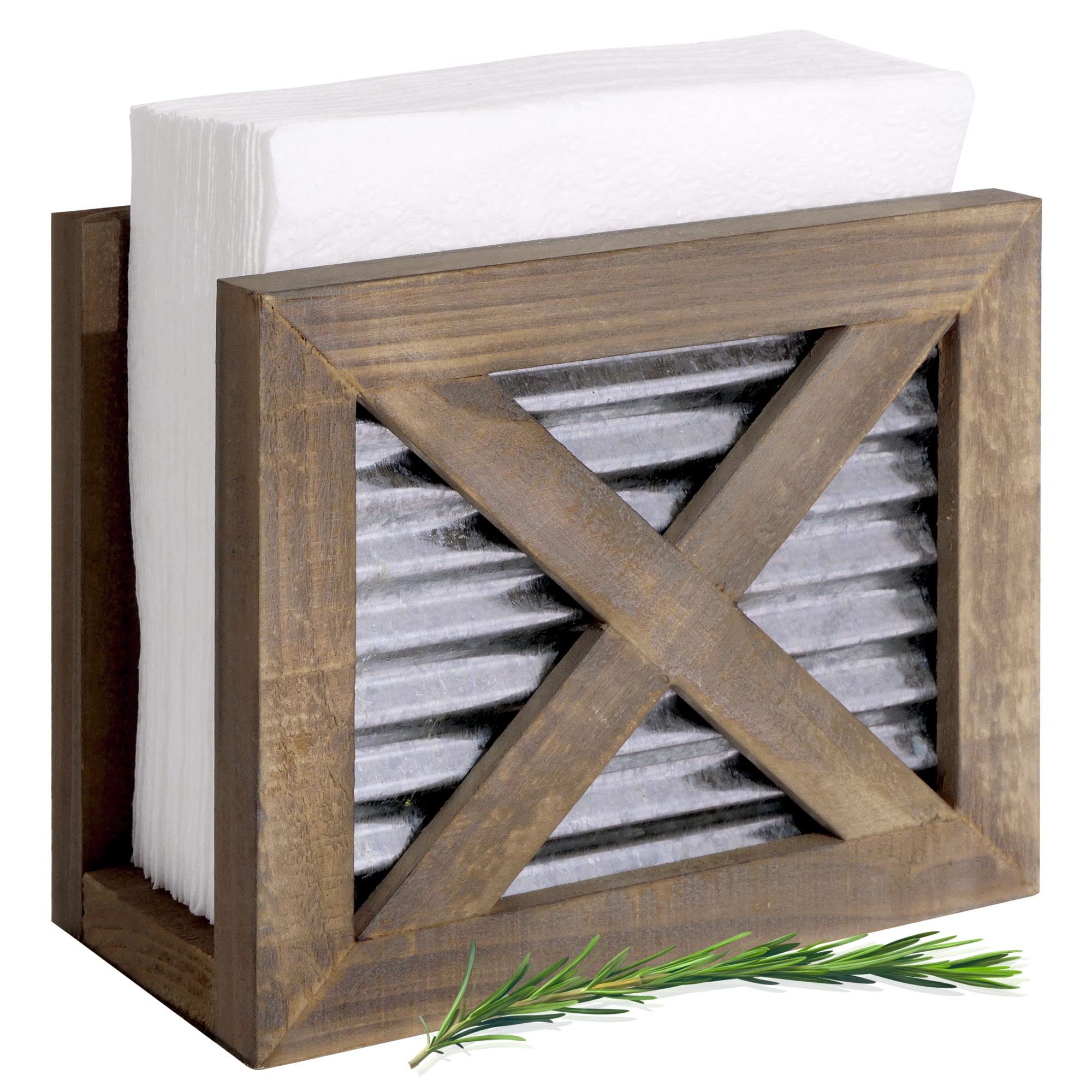 Autumn Alley Farmhouse Napkin Holder - Upright Wooden Napkin Holder - Classic Barn Door Motif With Galvanized Metal - Rustic Nap