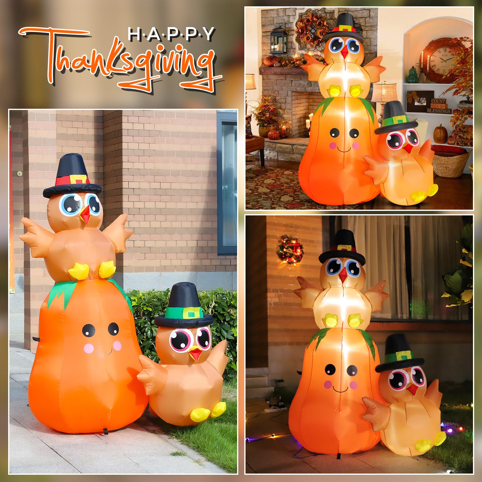 FunFanso 5FT Thanksgiving Inflatable Turkey on Pumpkin Outdoor Decoration, Lovely Blow Up Turkey with Built-in LED Lights for Ga