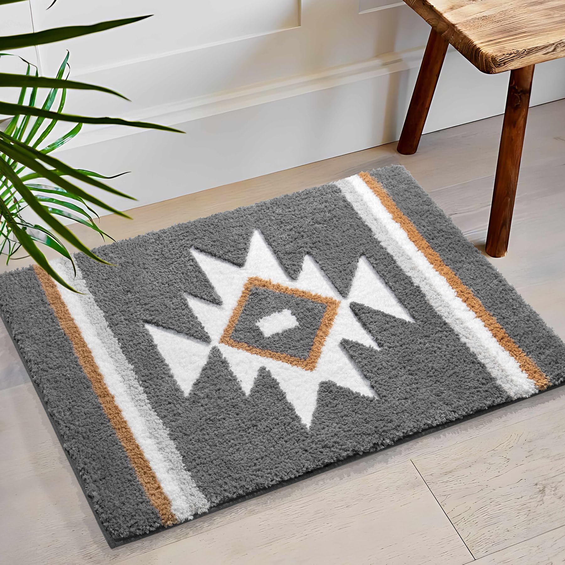Tanvill Grey Bathroom Rugs Boho Bath Mat Non Slip, Soft Absorbent Bath Rug Microfiber Washable Floor Mat For Bathroom Shower Tub