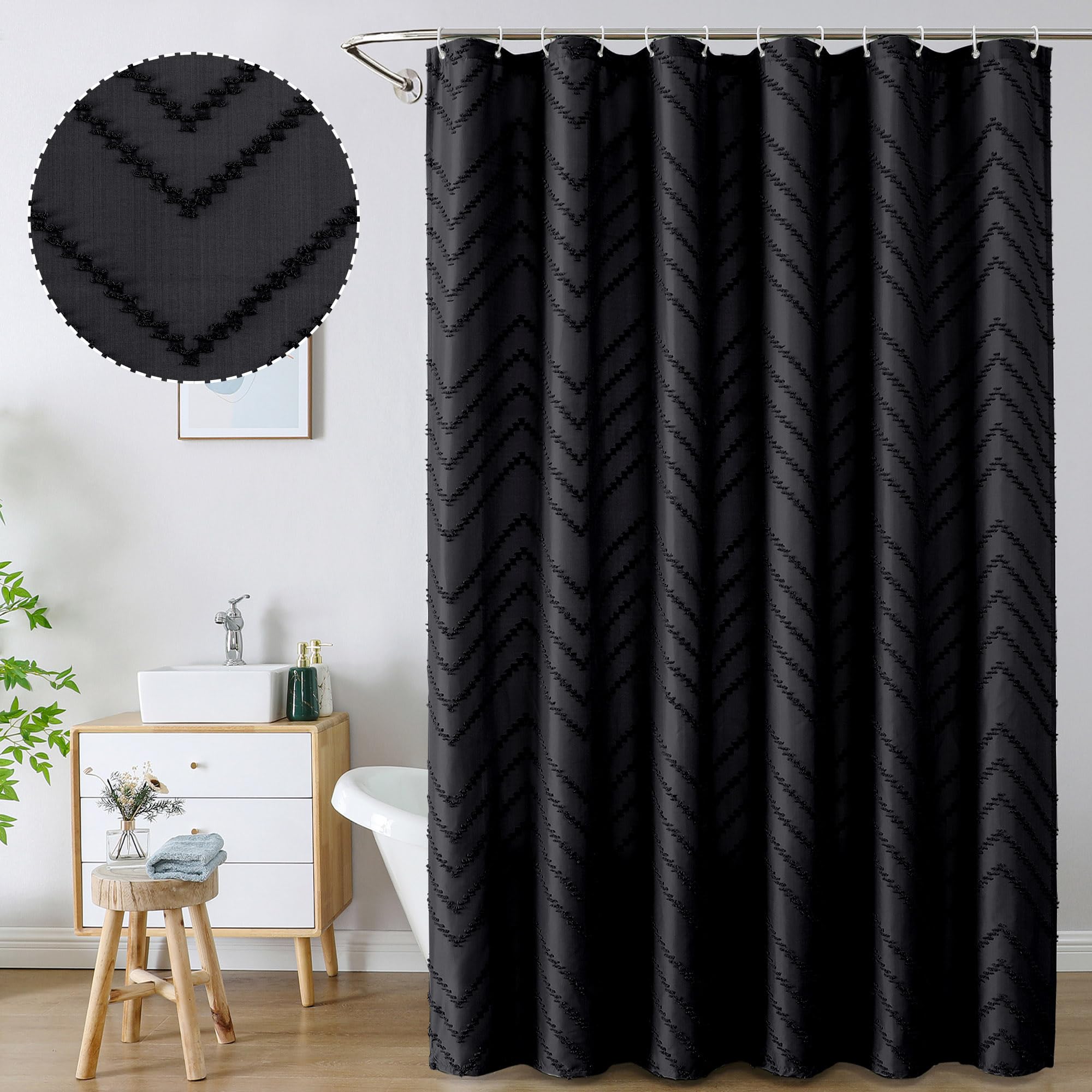 Chyhomenyc Chevron Extra Long Black Boho Shower Curtain Set 72X96 Inches, Fabric Shower Curtain Modern Farmhouse Chic Textured T
