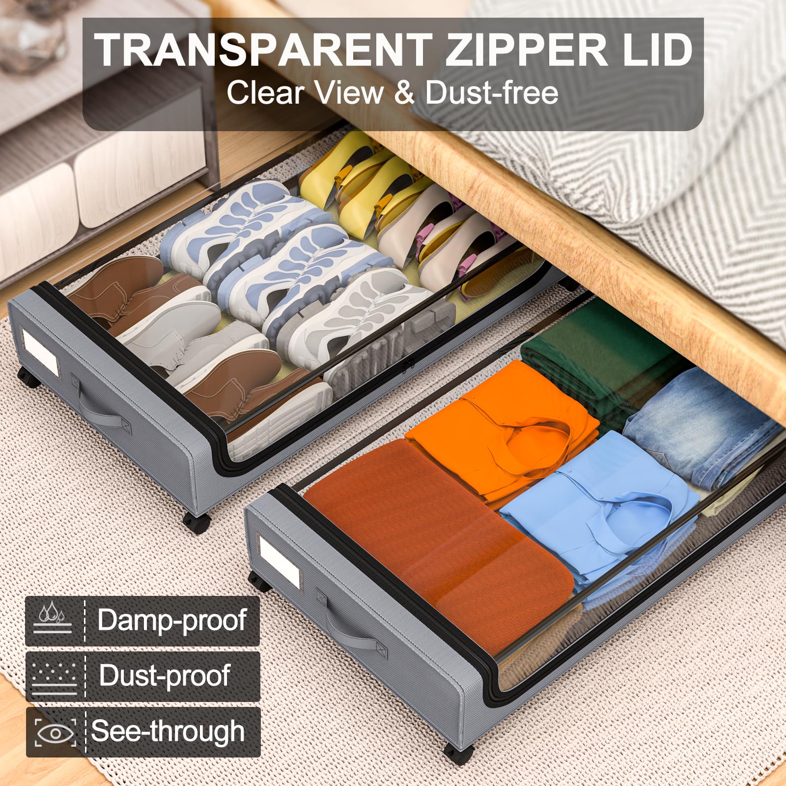 GoMaihe Under Bed Storage with Wheels: XXL 48L Underbed Storage Containers with Lids - Rolling Drawers for Shoes Clothes in Dorm