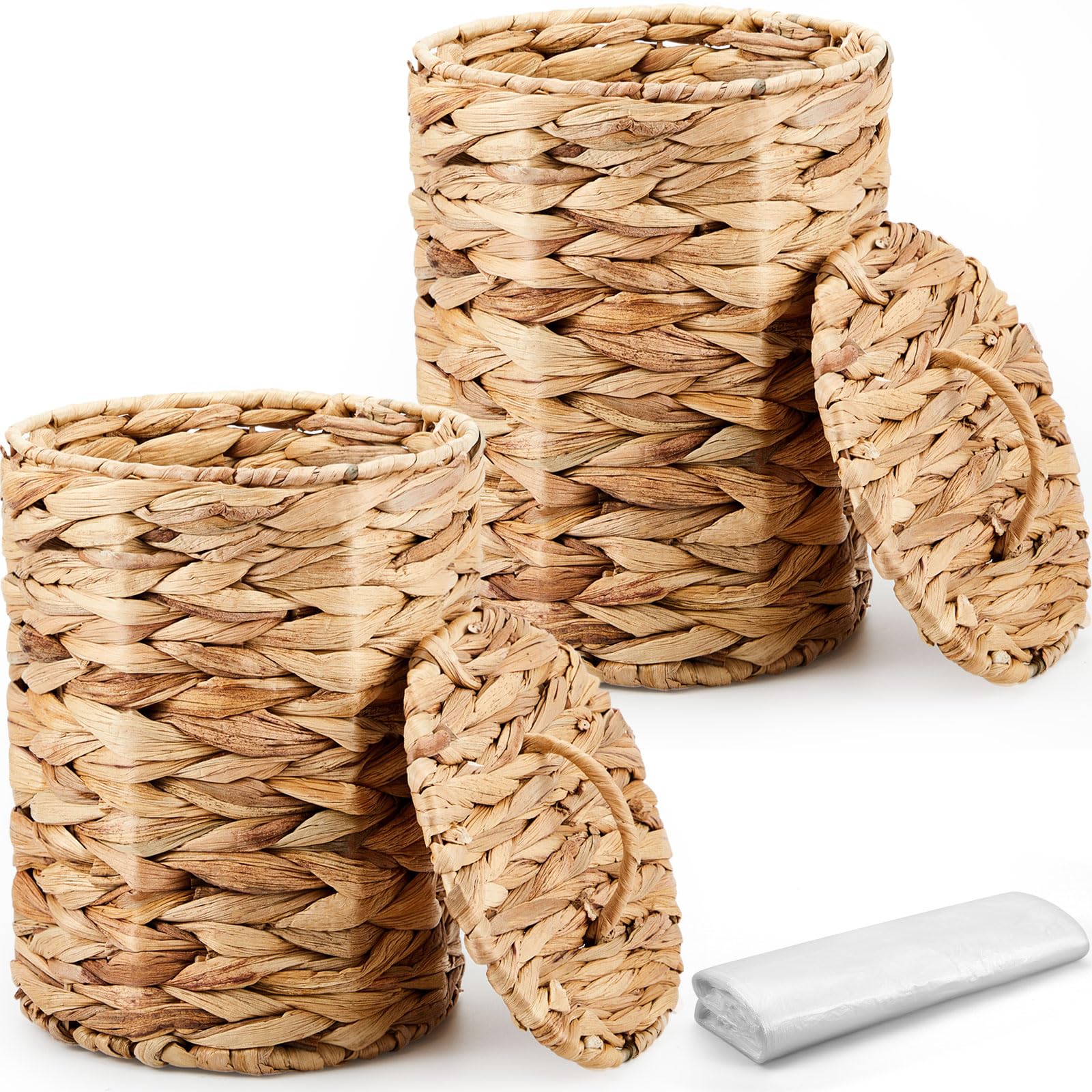 Ctosree 2 Pcs Wicker Trash Can Basket Woven Waste Basket With Lid Bathroom Wastebasket Garbage Bin With 100 Pieces Of Trash Bags