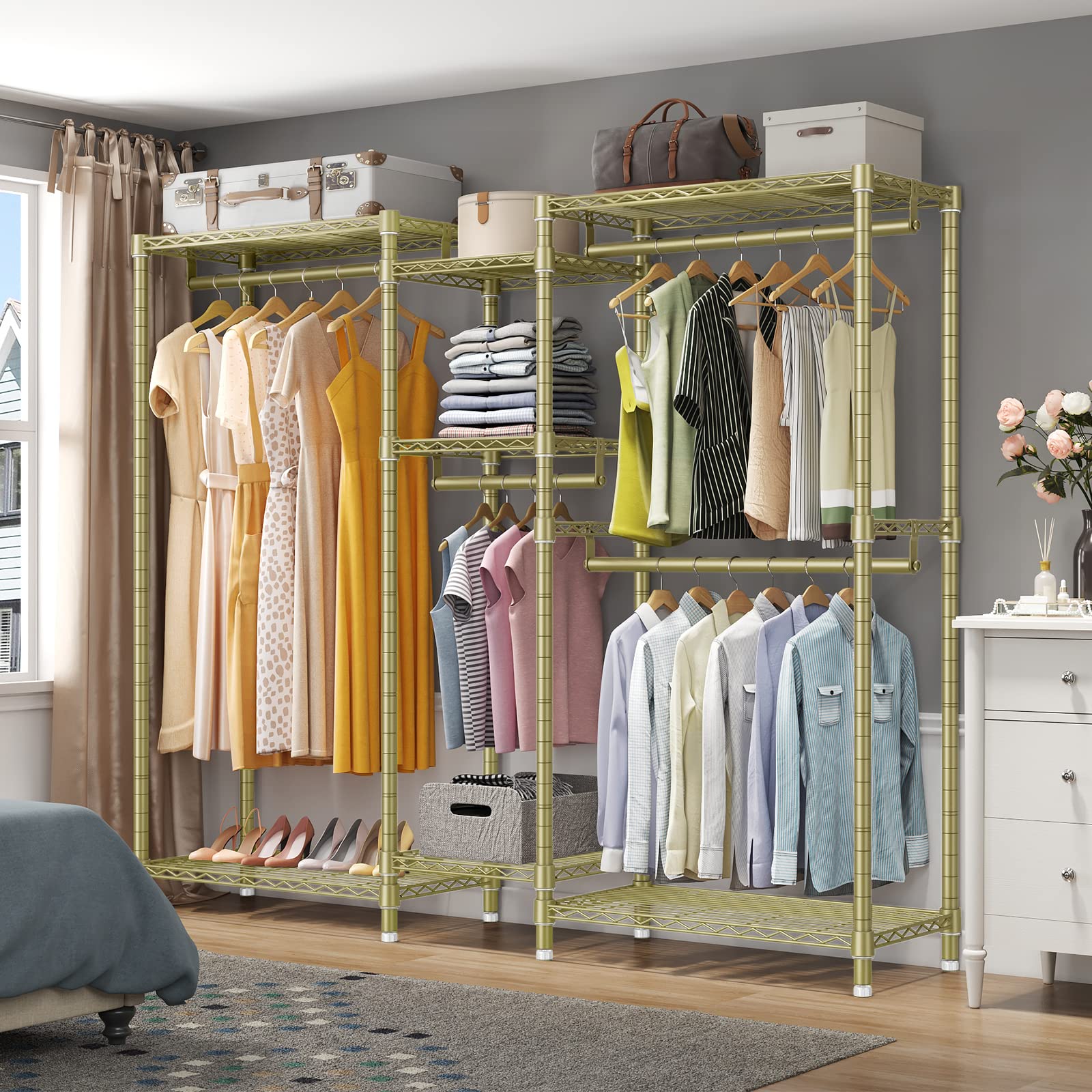 VIPEK V6 Wire Garment Rack Heavy Duty Clothes Rack with 7 Adjustable Shelves & 4 Hanging Rods  Compact DIY Metal Clothing Rack 74.4'' L x 17.7'' W x 76.8'' H  Max Load 780LBS  Gold