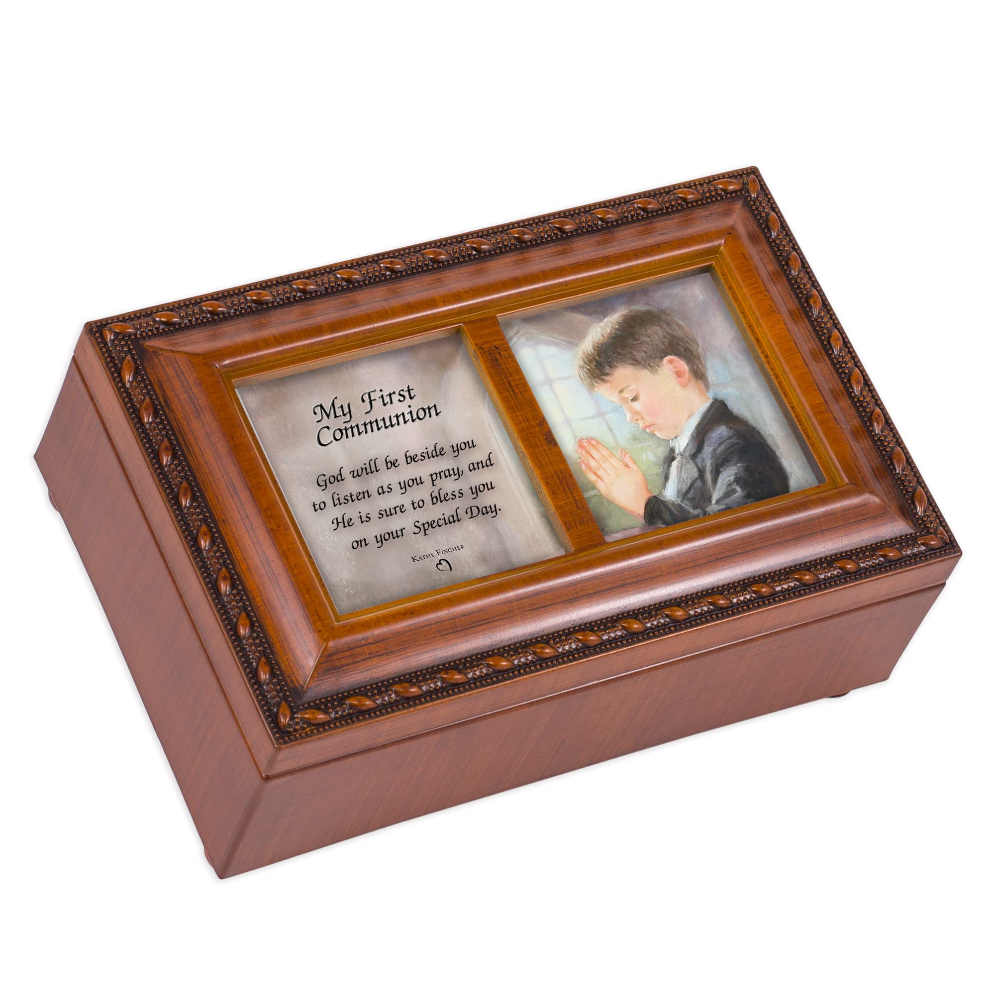 Cottage Garden First Communion God Beside You Woodgrain Rope Trim Petite Music Box Plays Handels Hallelujah