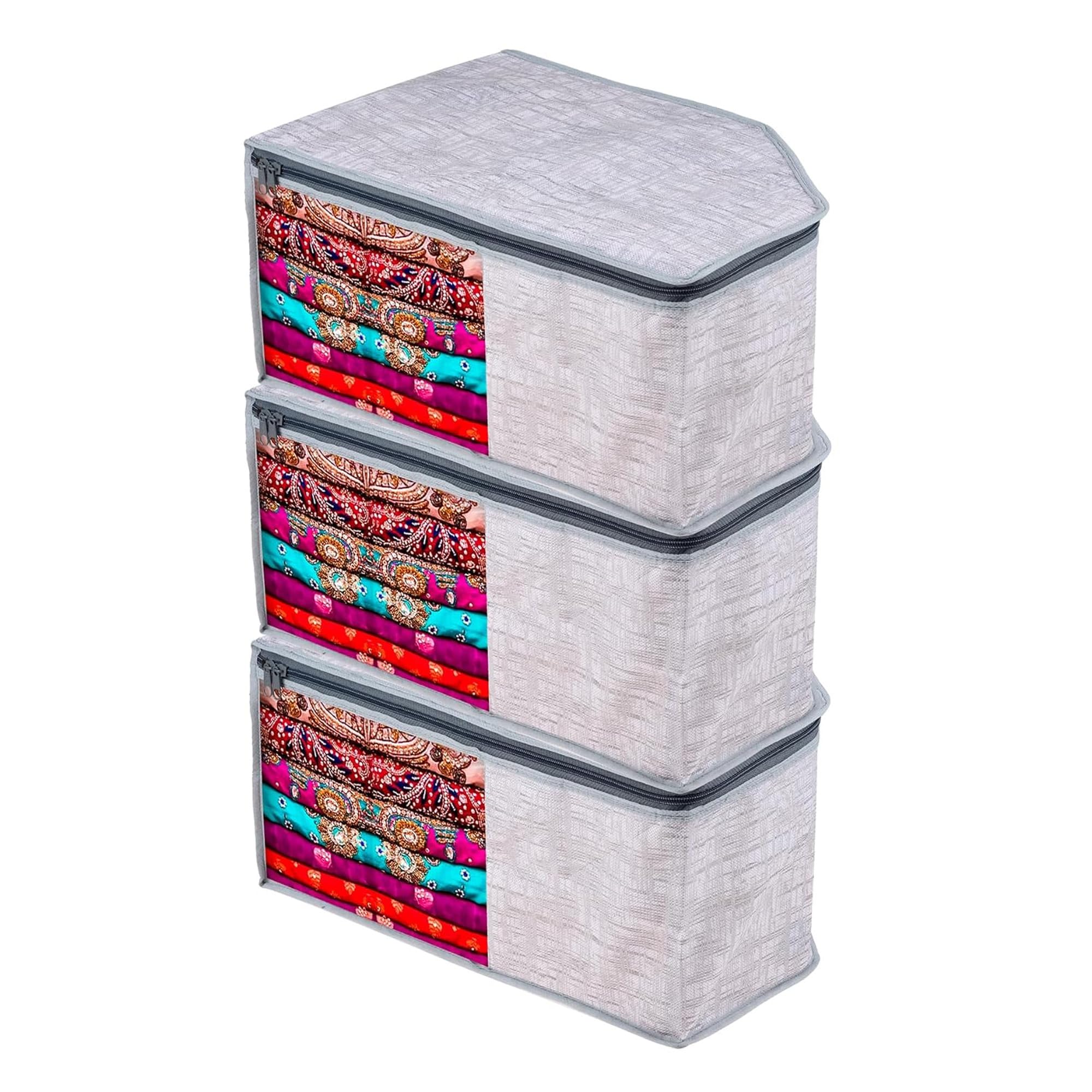 Kuber Industries (Pack Of 3) Blouse Cover | Jute-Printed | Clothes Storage Bag | Wardrobe Organiser With Zipper | Side Transpare
