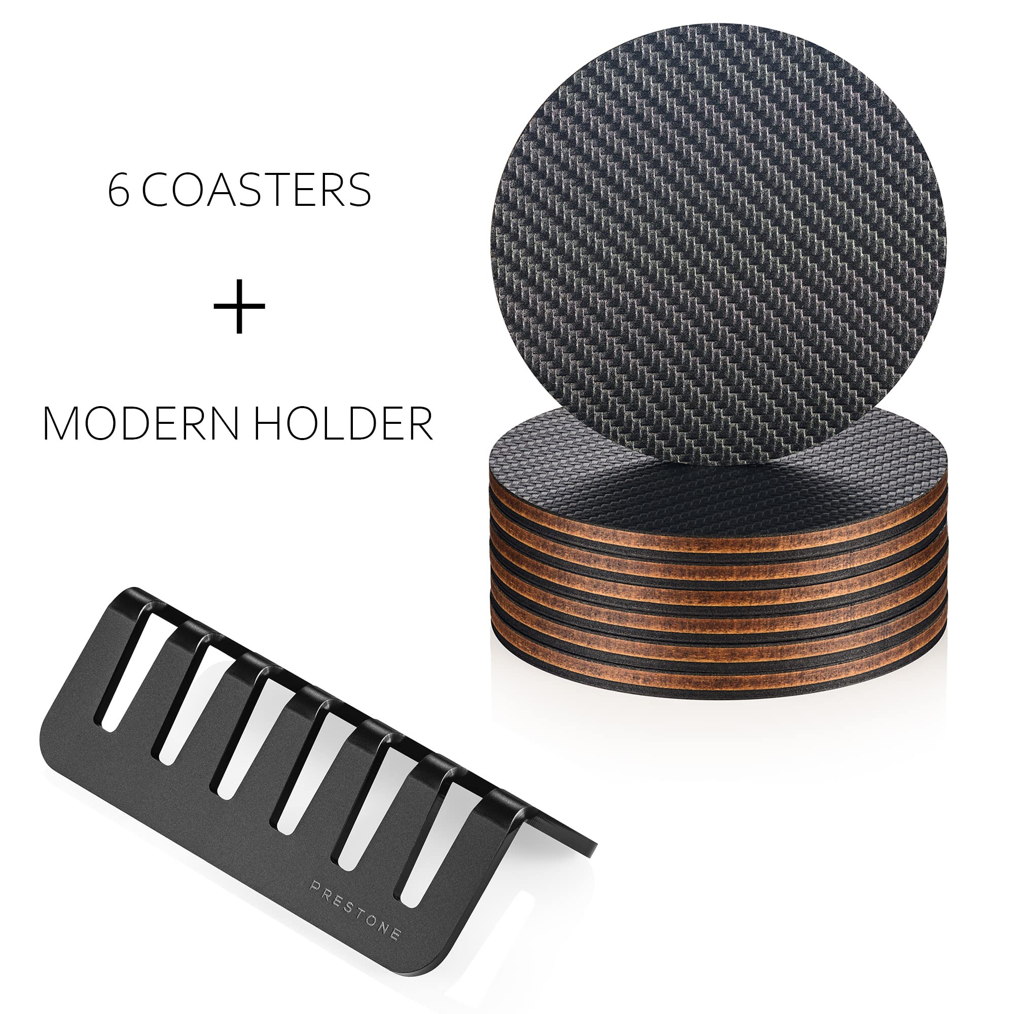 Modern Coasters For Drinks With Holder | 6 Premium Carbon Coasters In Classy Geometric Design | Protect Furniture | Unique Gift