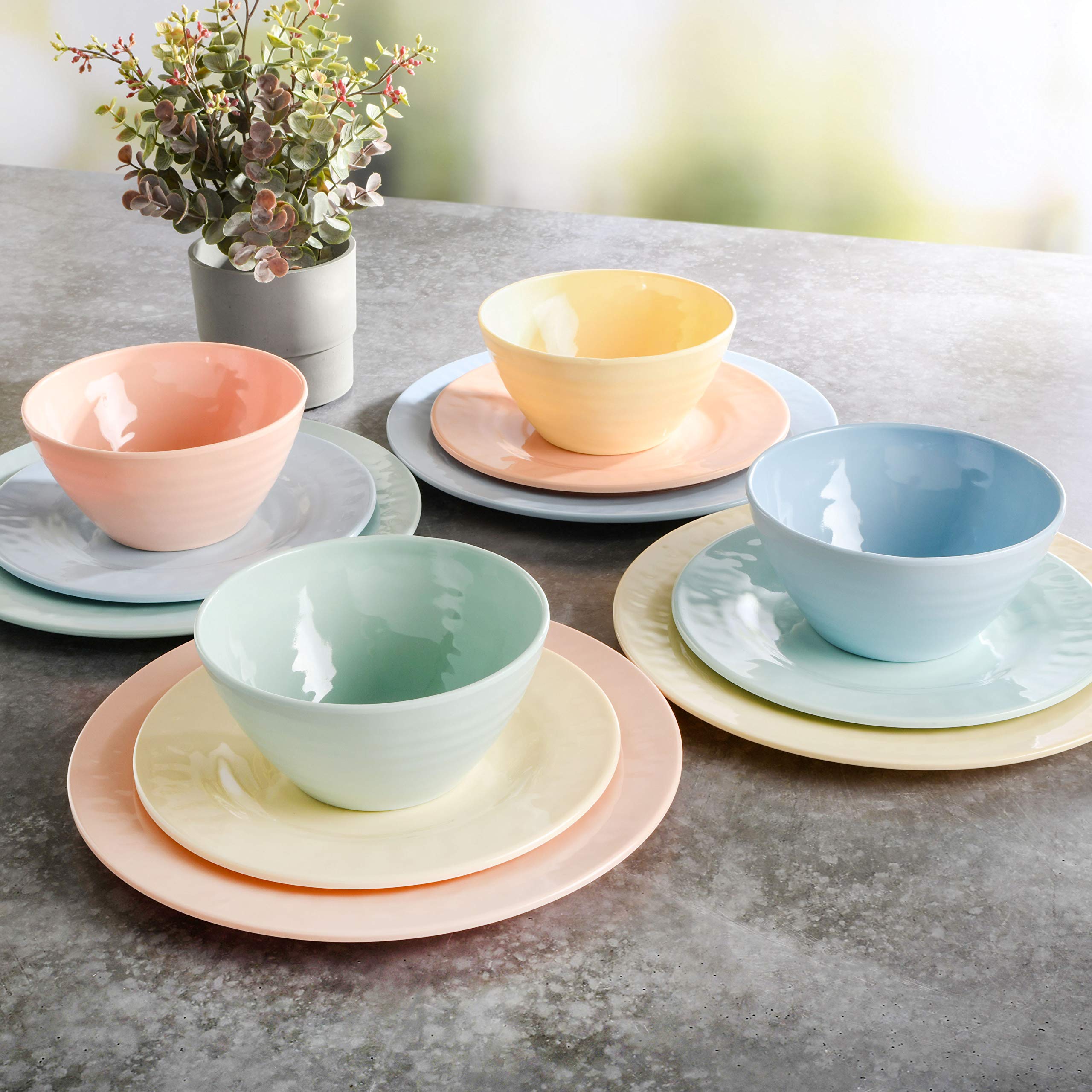 Gibson Home Brist Melamine Plastic Dinnerware Set, Service For Four (12Pcs), Pastels