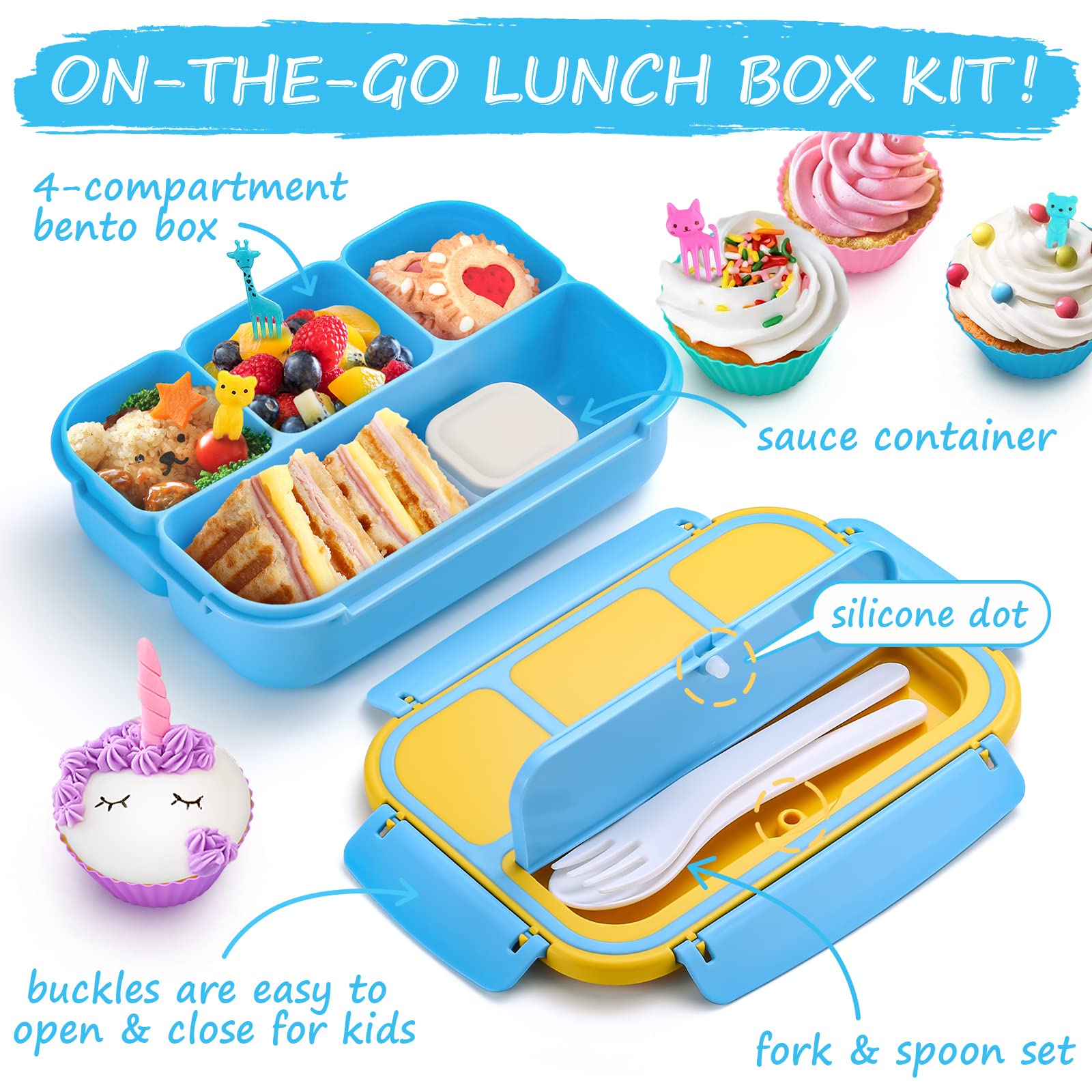 Qqko Bento Lunch Boxes With 4 Compartments, Sauce Container, Utensils, Food Picks And Muffin Cups For School Or Adults, Blue