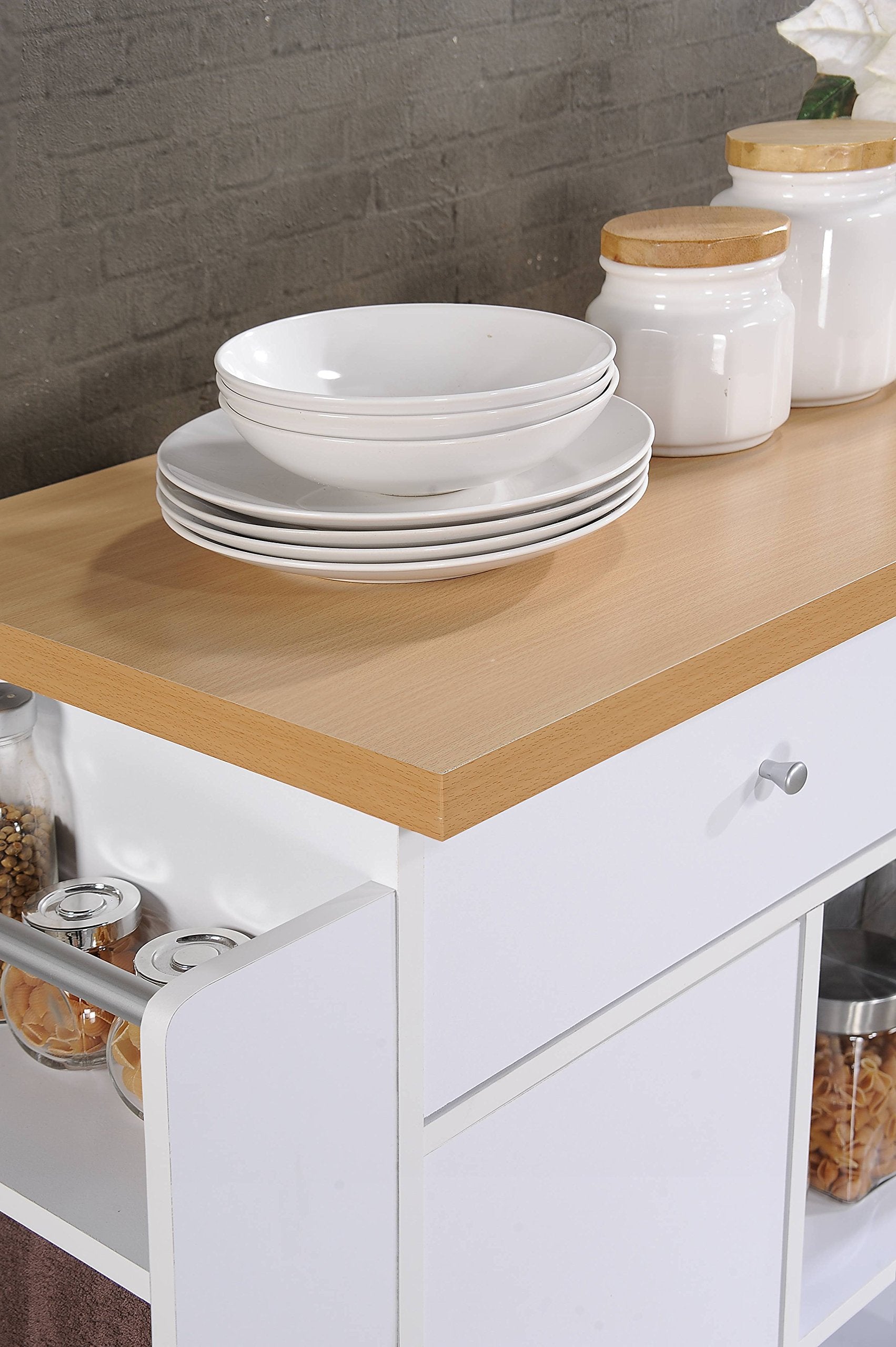 Hodedah Kitchen Island with Spice Rack plus Towel Holder in White