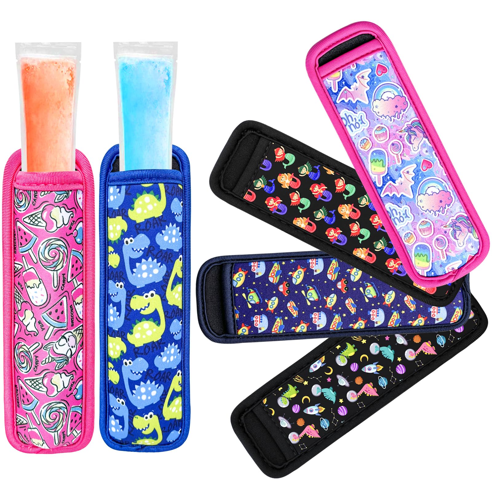 Kids Neoprene Ice Pop Holder - 6 Piece Reusable Insulator Sleeves, Cute Freeze Pops Sleeves