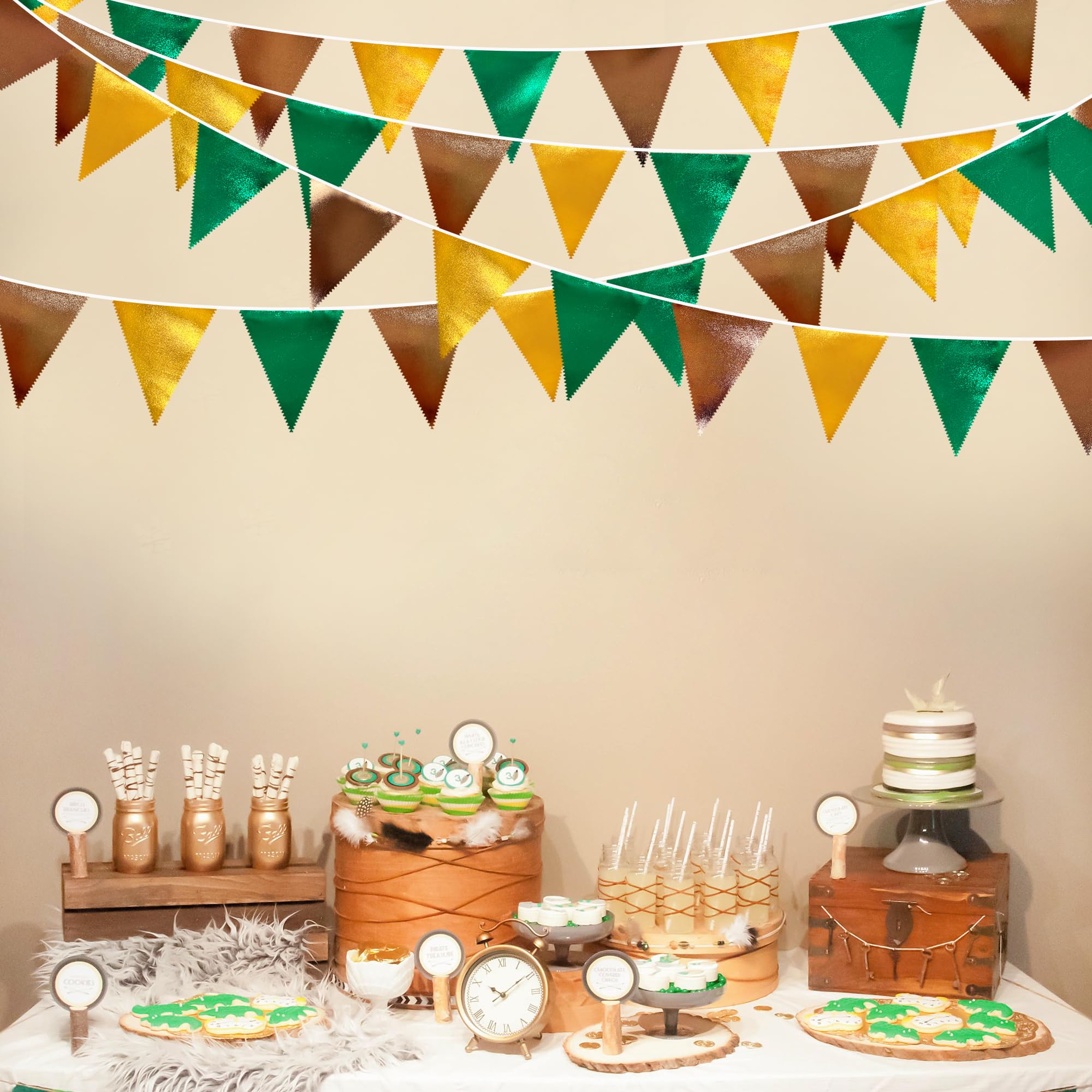Green Gold Brown Metallic Fabric Triangle Pennant Banner Flag Bunting Garland For Football Jungle Safari Wild Woodland Birthday
