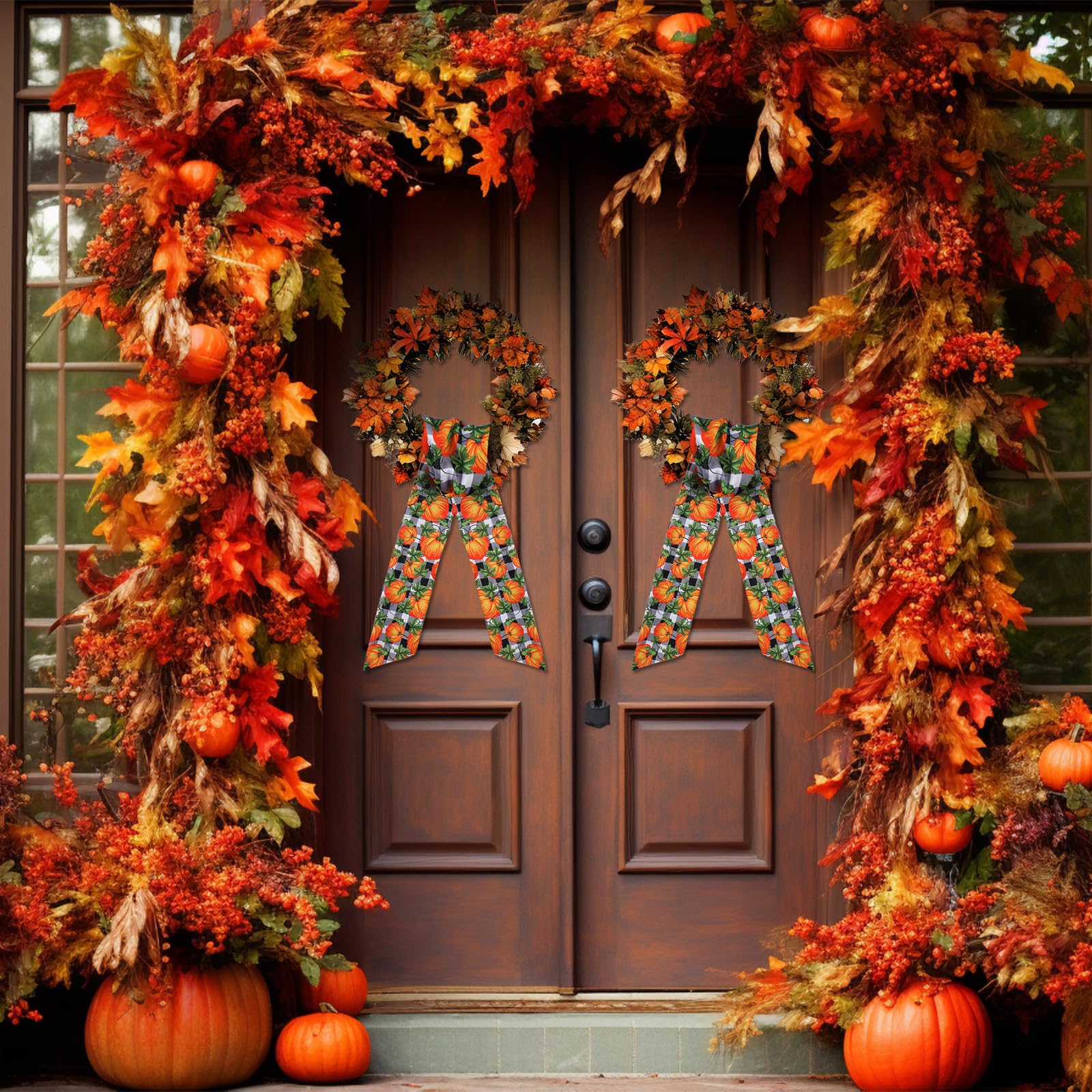 Pumpkin Wreath Sash for Front Door - 2 Pcs Orange Fall Sashes for Wreaths Autumn Home Decor, 60 Inch Black White Plaid Wreath Sa