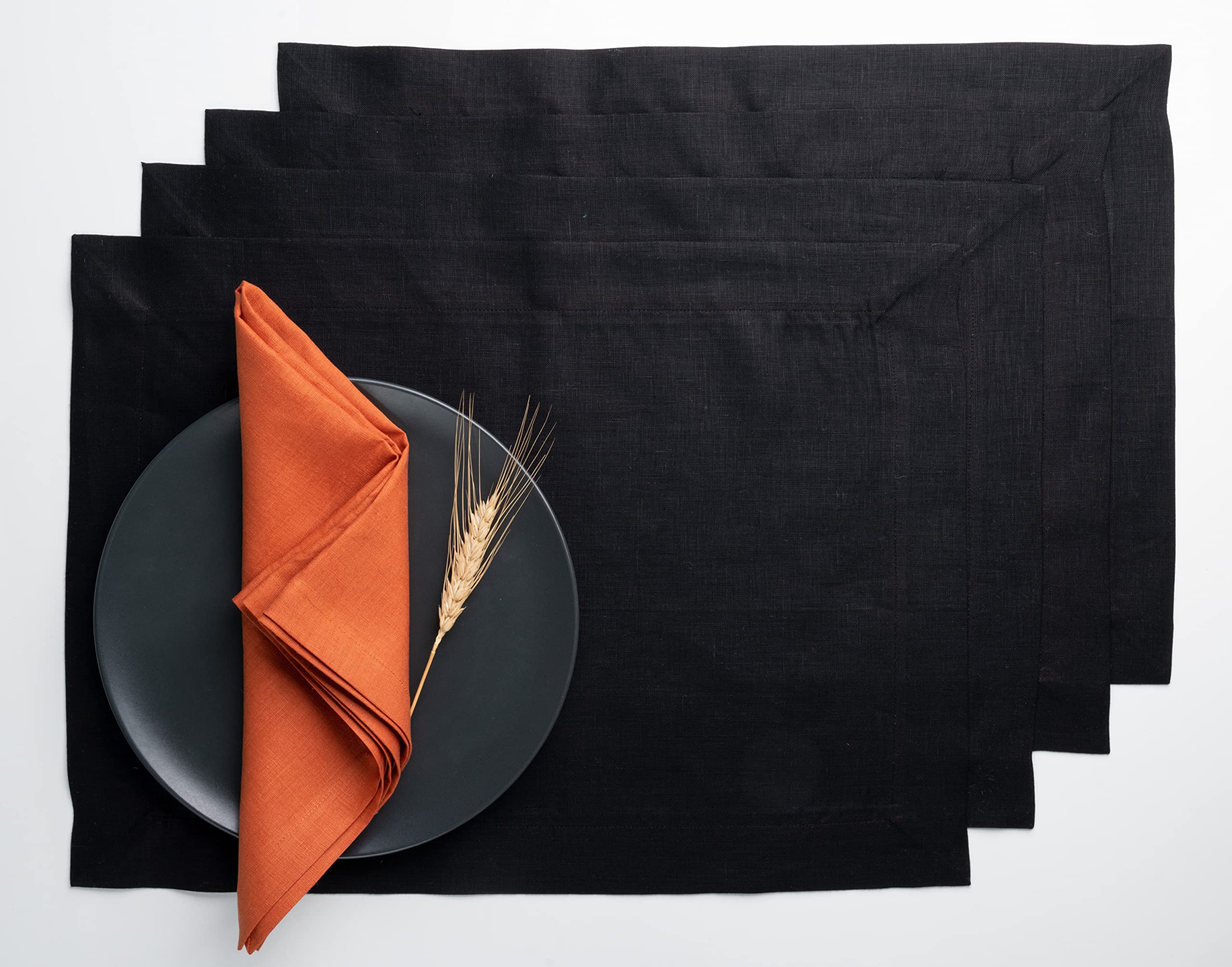 D'Moksha Homes Black Linen Placemats With Pumpkin Trim, Set Of 4-14 X 19 Inch, 100% Pure Linen Fabric Placemats Black & Pumpkin,