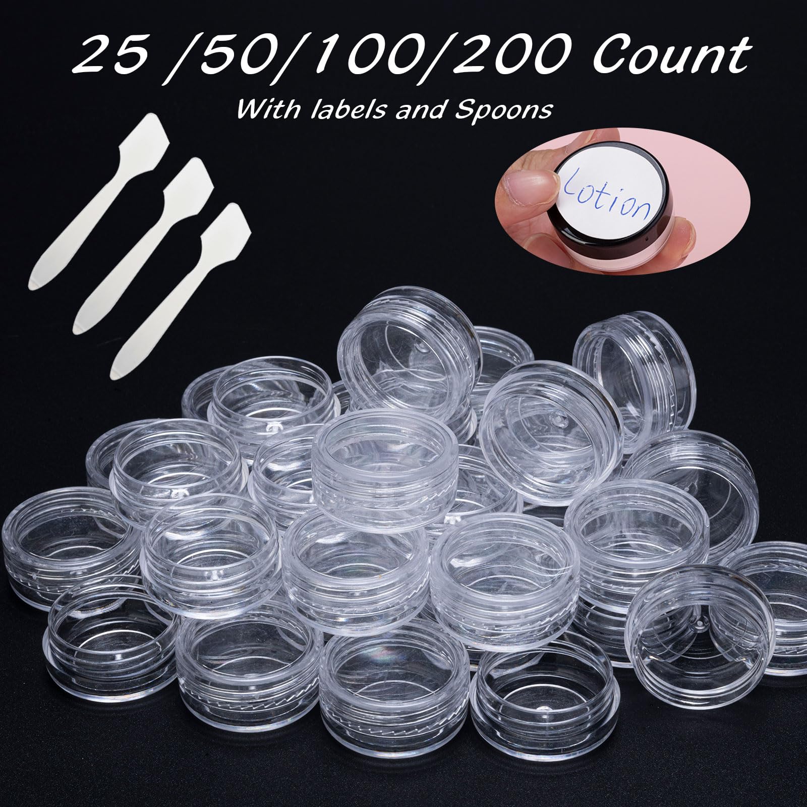 100 Count 3 Gram Sample Containers, Clear Lip Balm Containers With Lids, Small Plastic Sample Jars With 8 Mini Spoons, 100Pcs La