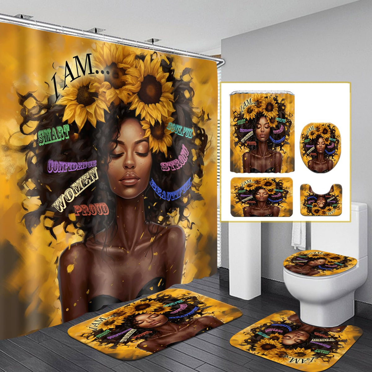 4 Pcs Sunflower Black Girl Shower Curtain Sets, Inspirational Words African Queen Bathroom Sets With Shower Curtain And Rugs Toi