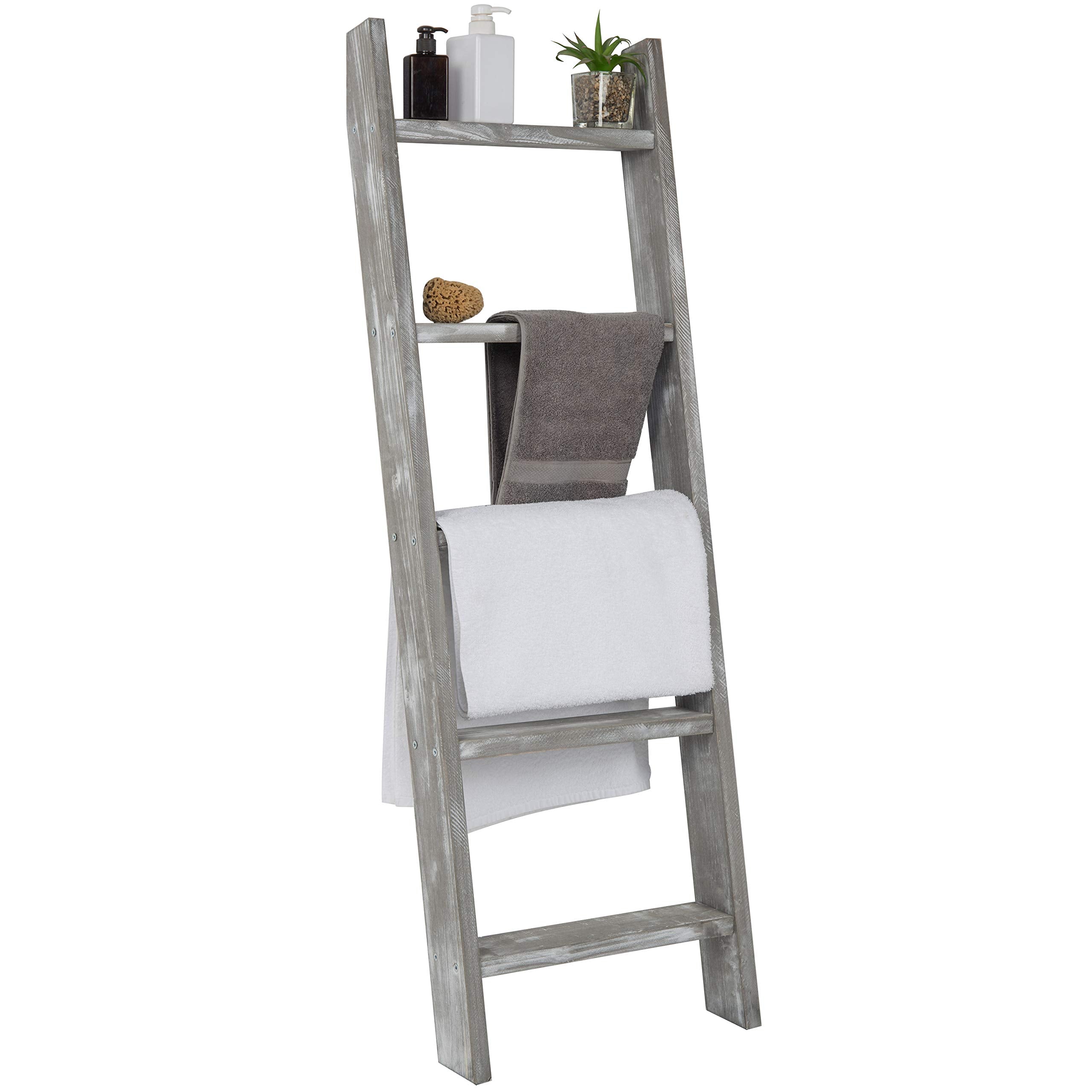 MyGift Large Whitewashed Wood Ladder Blanket Ladder, Farmhouse Style Wall Leaning Towel Rack with 5 Rungs (Graywashed)